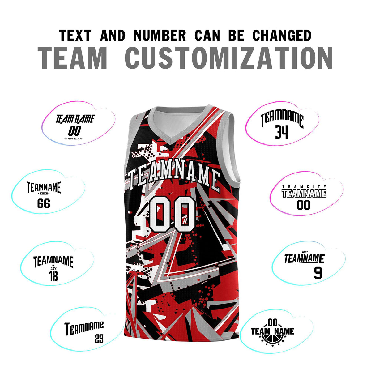Custom Youth Basketball Jerseys Red Gray Abstract Graffiti Personalized Team Name & Number