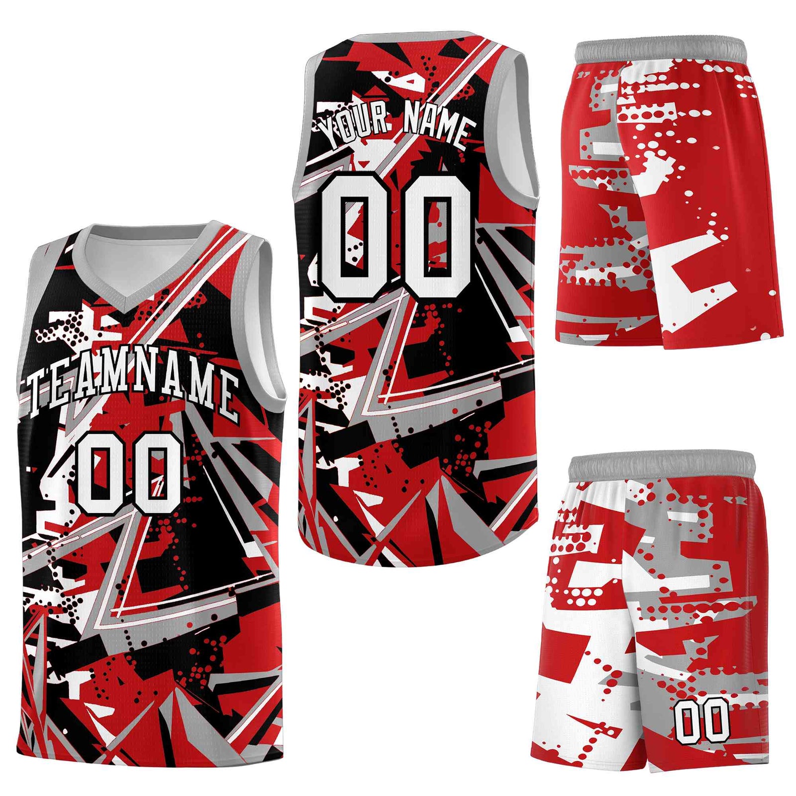 Custom Youth Basketball Jerseys Red Gray Abstract Graffiti Personalized Team Name & Number