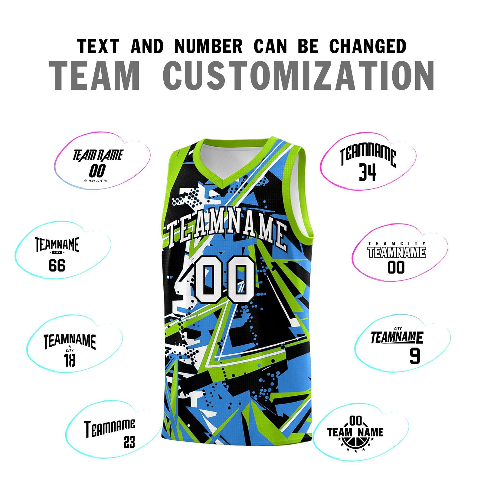 Custom Youth Basketball Jerseys Light Blue Neon Green Abstract Graffiti Personalized Street Style Uniform