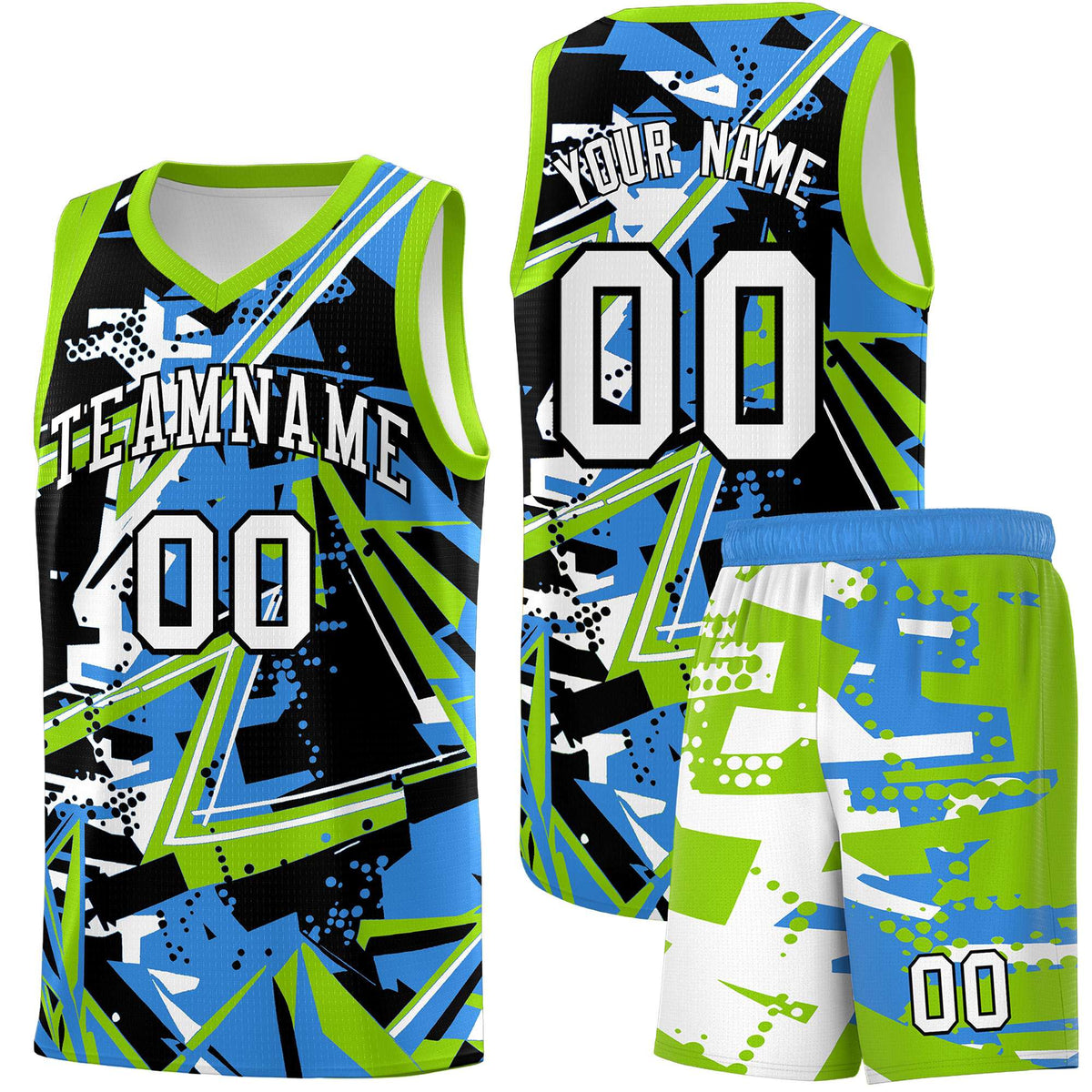 Custom Youth Basketball Jerseys Light Blue Neon Green Abstract Graffiti Personalized Street Style Uniform