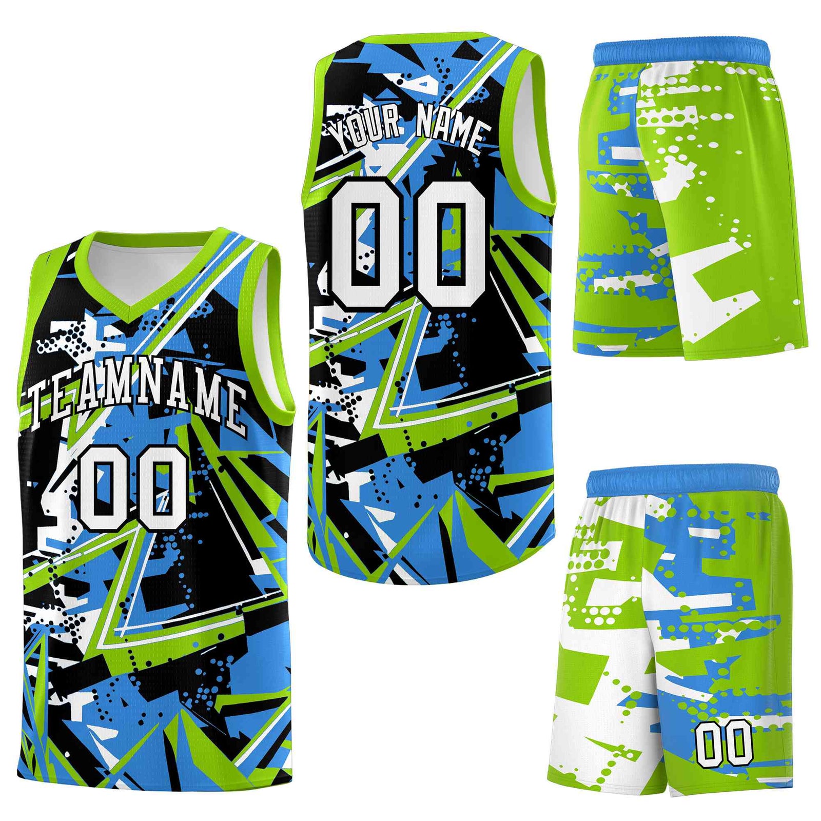 Custom Youth Basketball Jerseys Light Blue Neon Green Abstract Graffiti Personalized Street Style Uniform