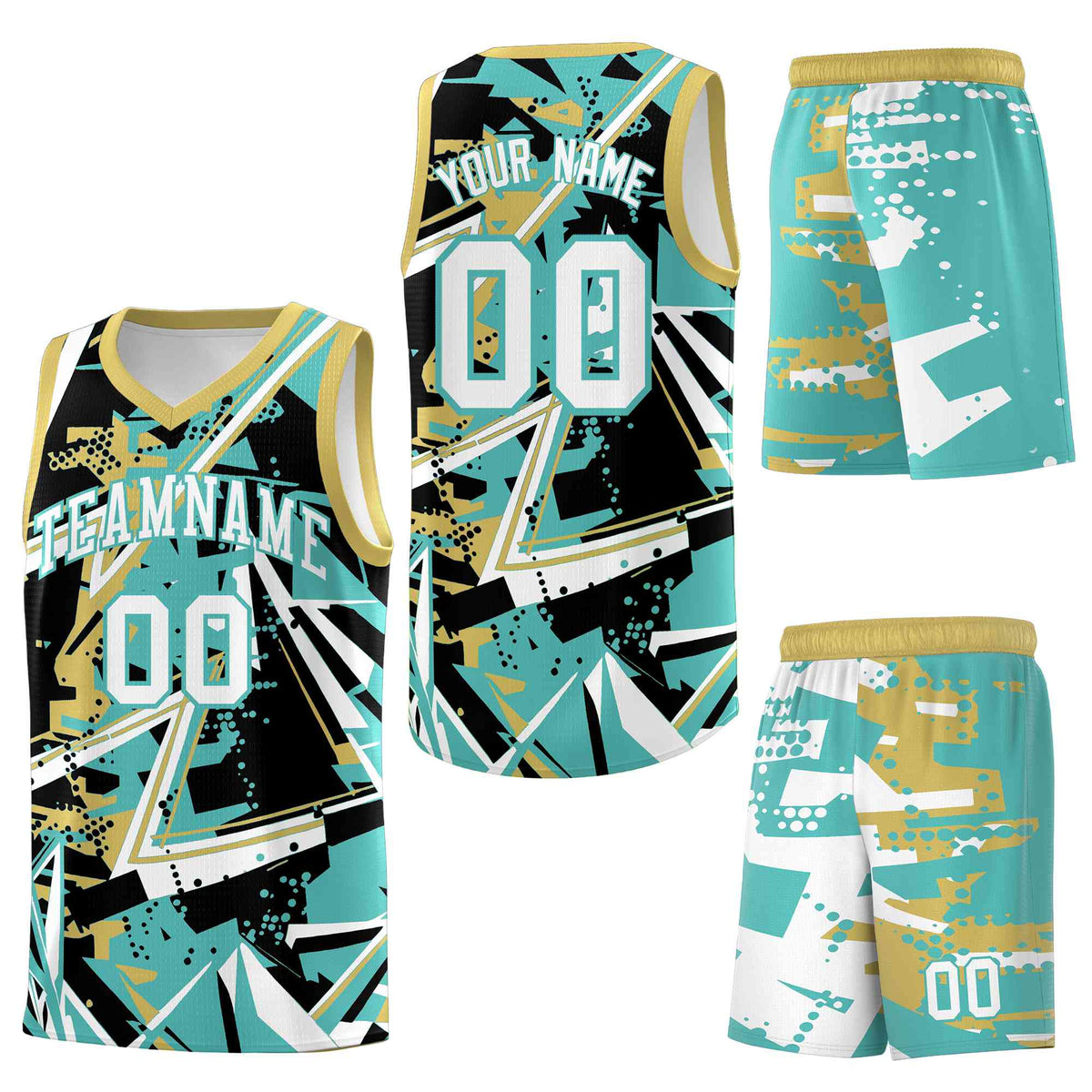 Custom Youth Basketball Jerseys Teal Old Gold Abstract Graffiti Personalized Street Style Uniform