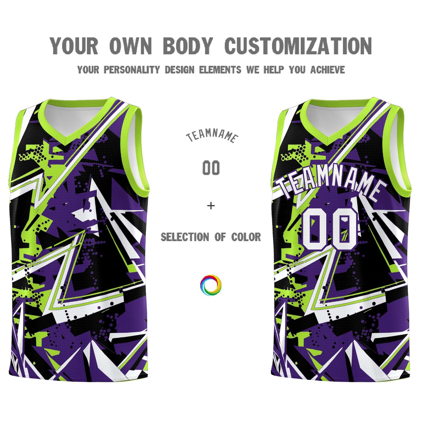 Custom Youth Basketball Jerseys Purple Neon Green Abstract Graffiti Personalized Team Name & Number