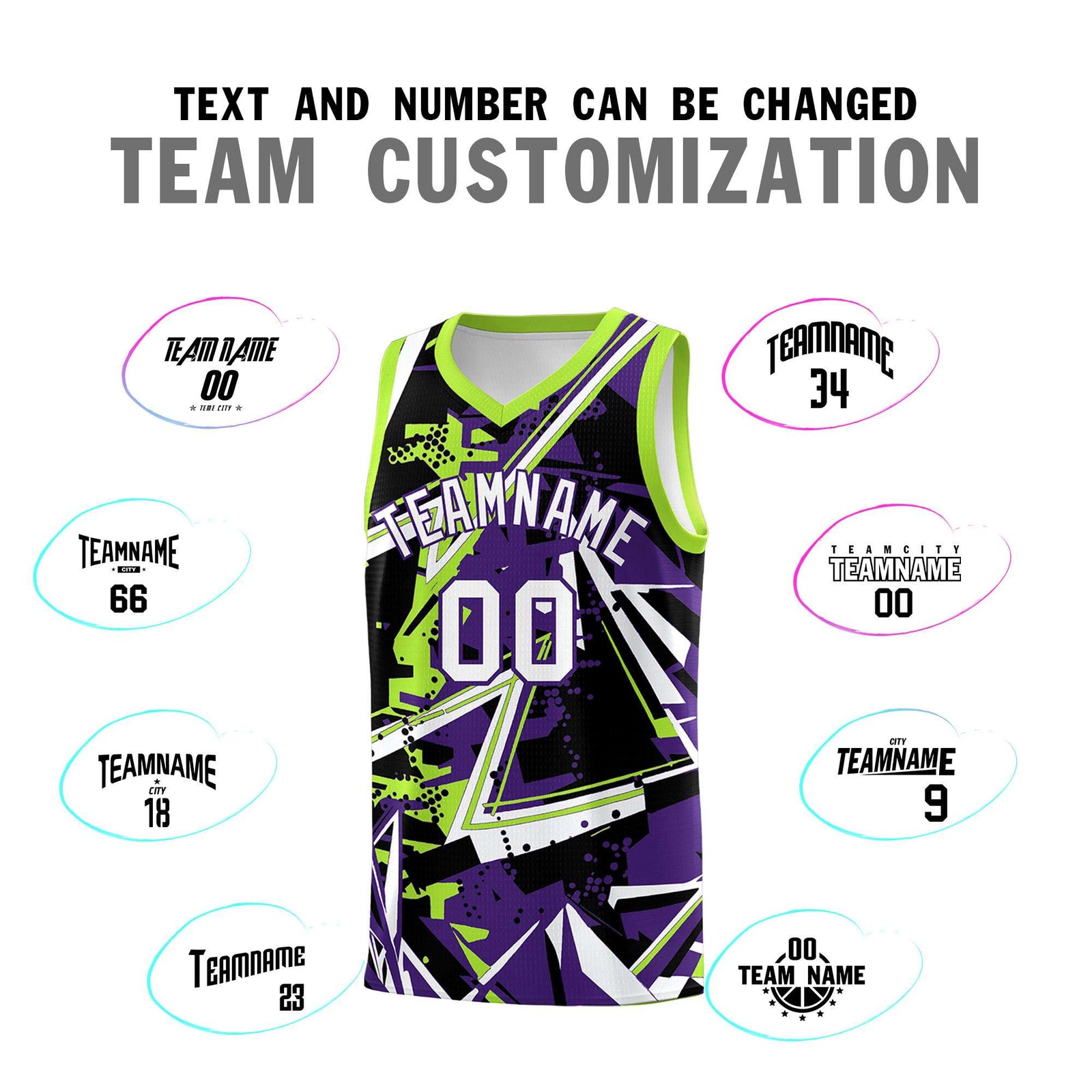 Custom Youth Basketball Jerseys Purple Neon Green Abstract Graffiti Personalized Team Name & Number