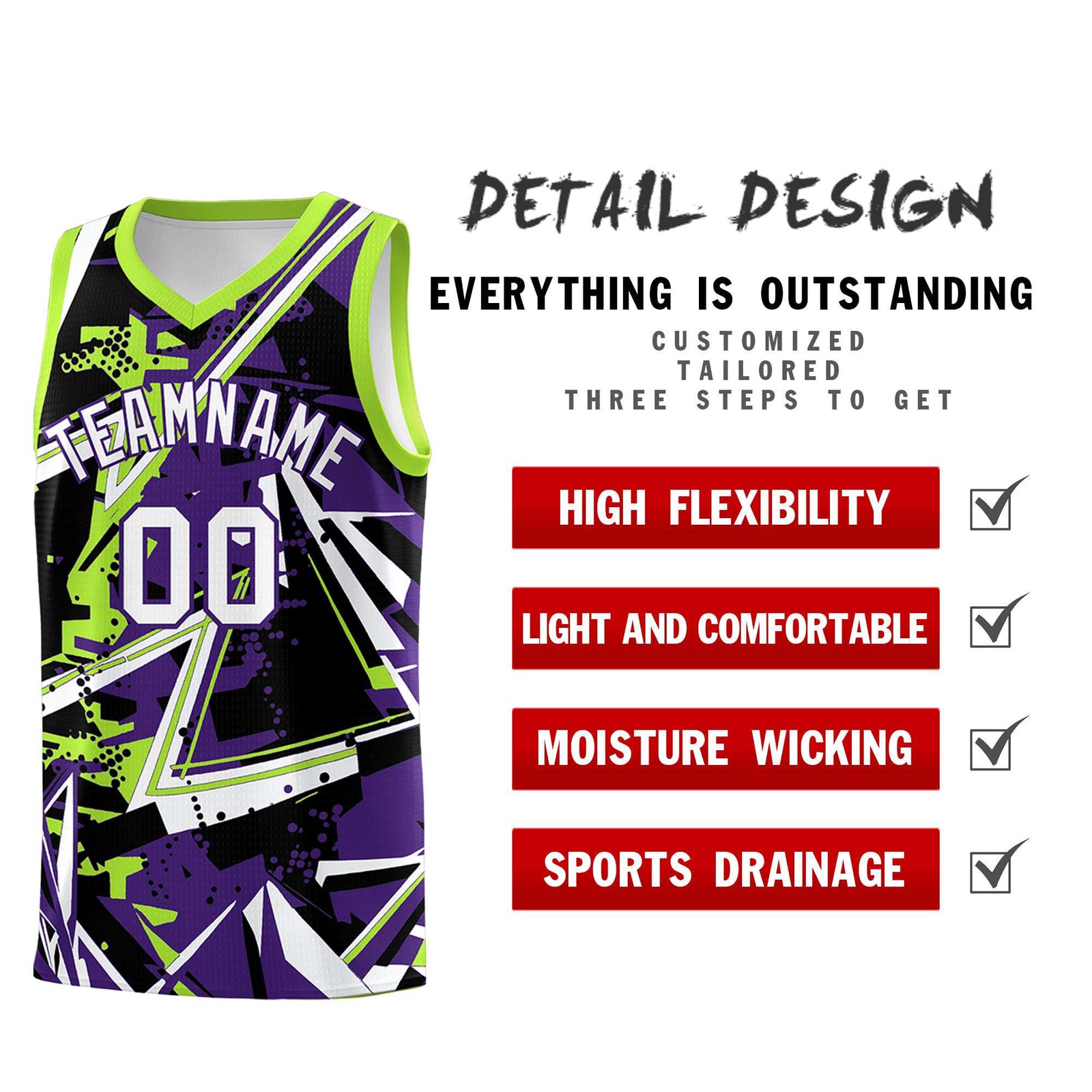 Custom Youth Basketball Jerseys Purple Neon Green Abstract Graffiti Personalized Team Name & Number