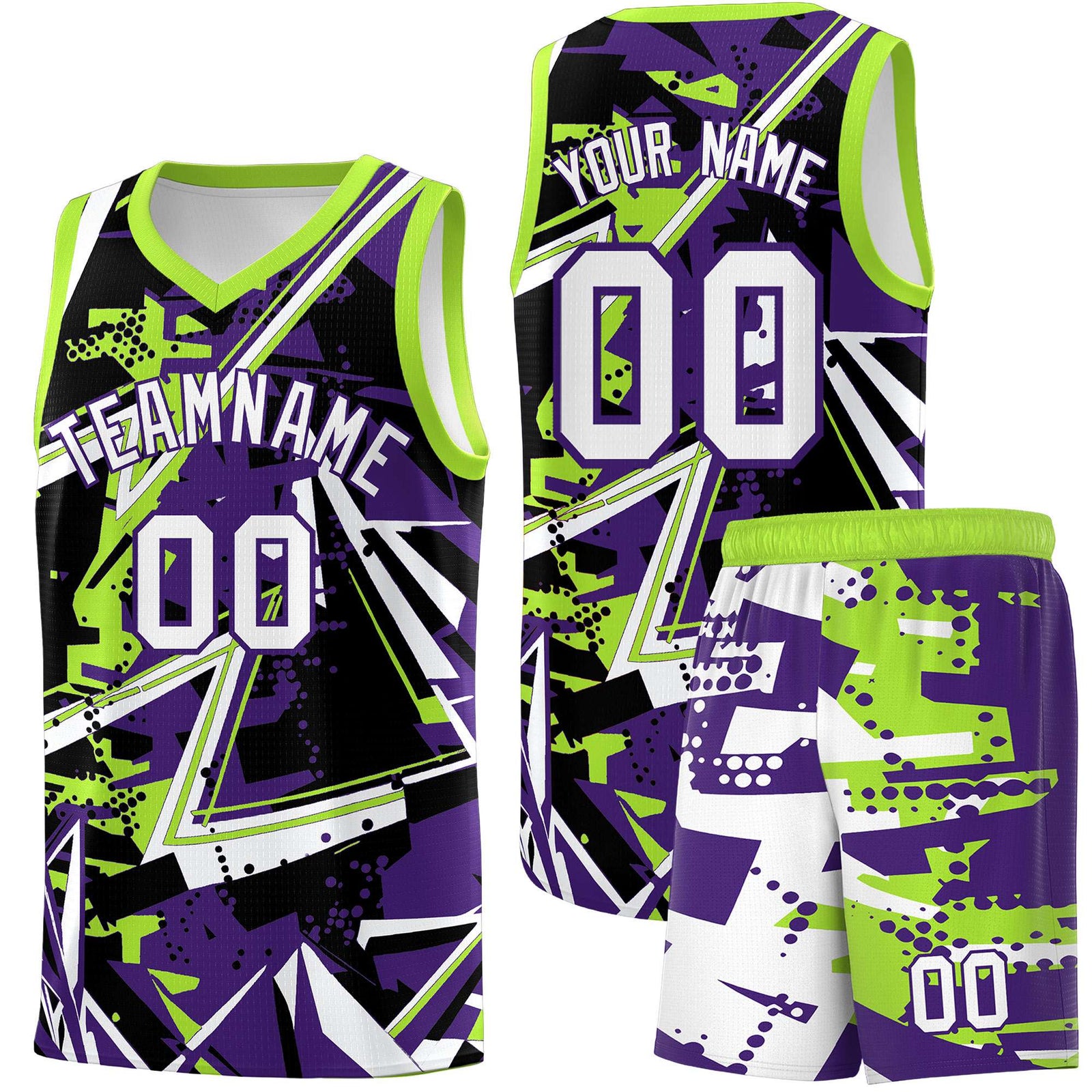 Custom Youth Basketball Jerseys Purple Neon Green Abstract Graffiti Personalized Team Name & Number