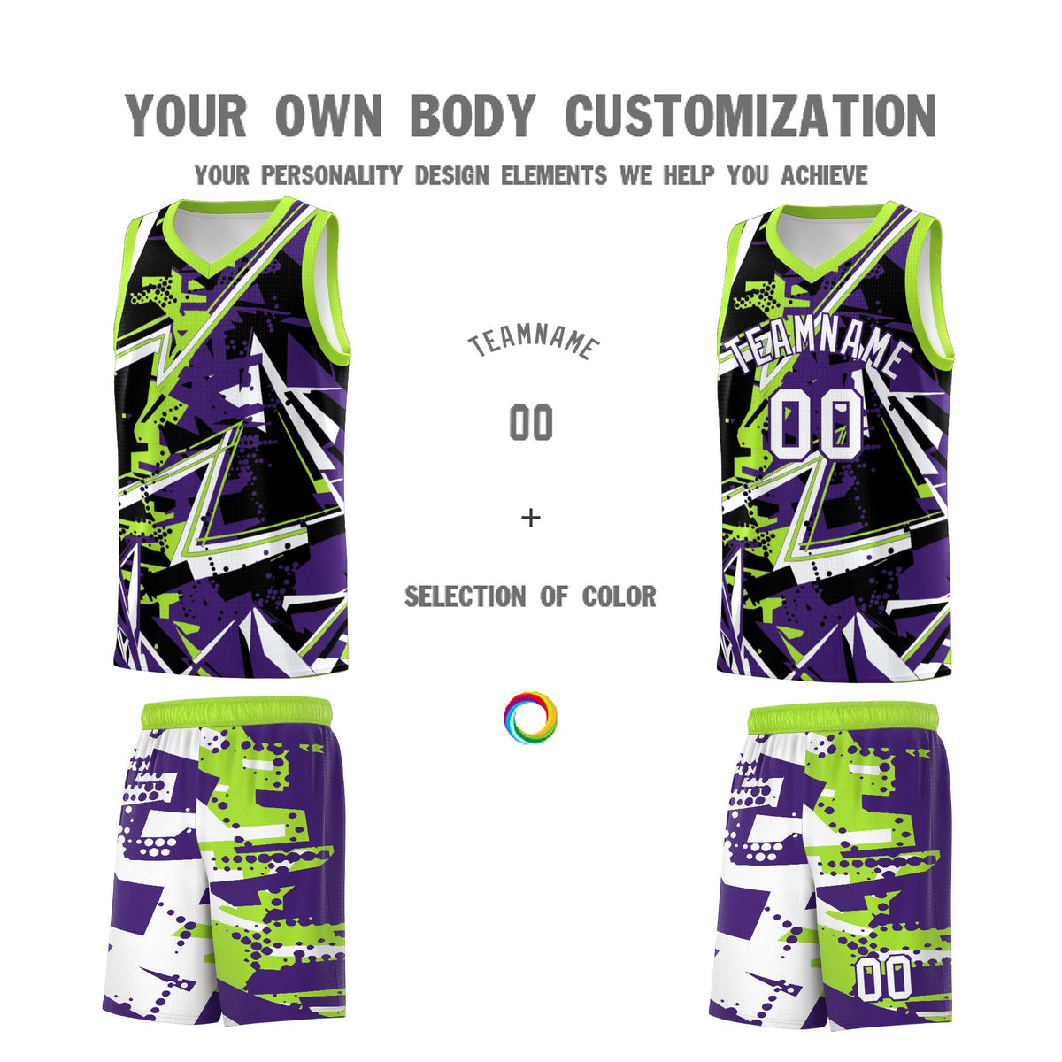 Custom Youth Basketball Jerseys Purple Neon Green Abstract Graffiti Personalized Team Name & Number
