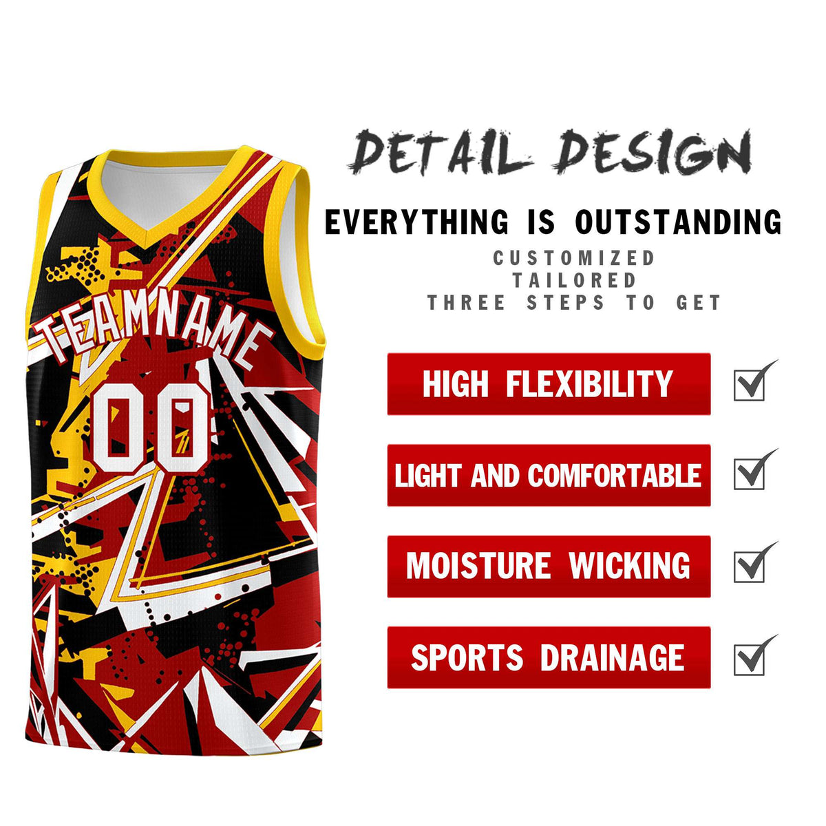 Custom Youth Basketball Jerseys Red Yellow Abstract Graffiti Personalized Street Style Uniform
