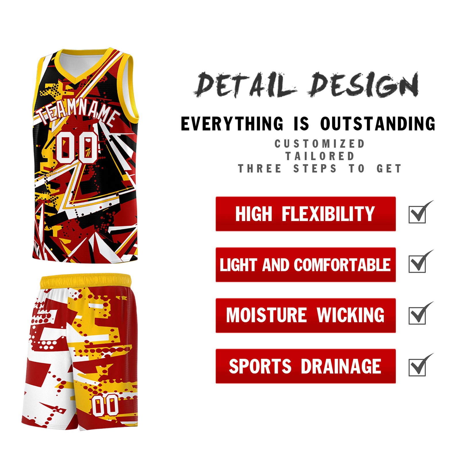 Custom Youth Basketball Jerseys Red Yellow Abstract Graffiti Personalized Street Style Uniform