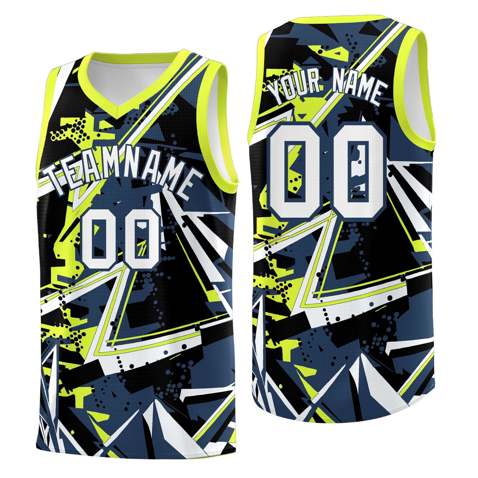 Custom Youth Basketball Jerseys Midnight Blue Fluorescent Green Abstract Graffiti Urban Style Personalized Uniform