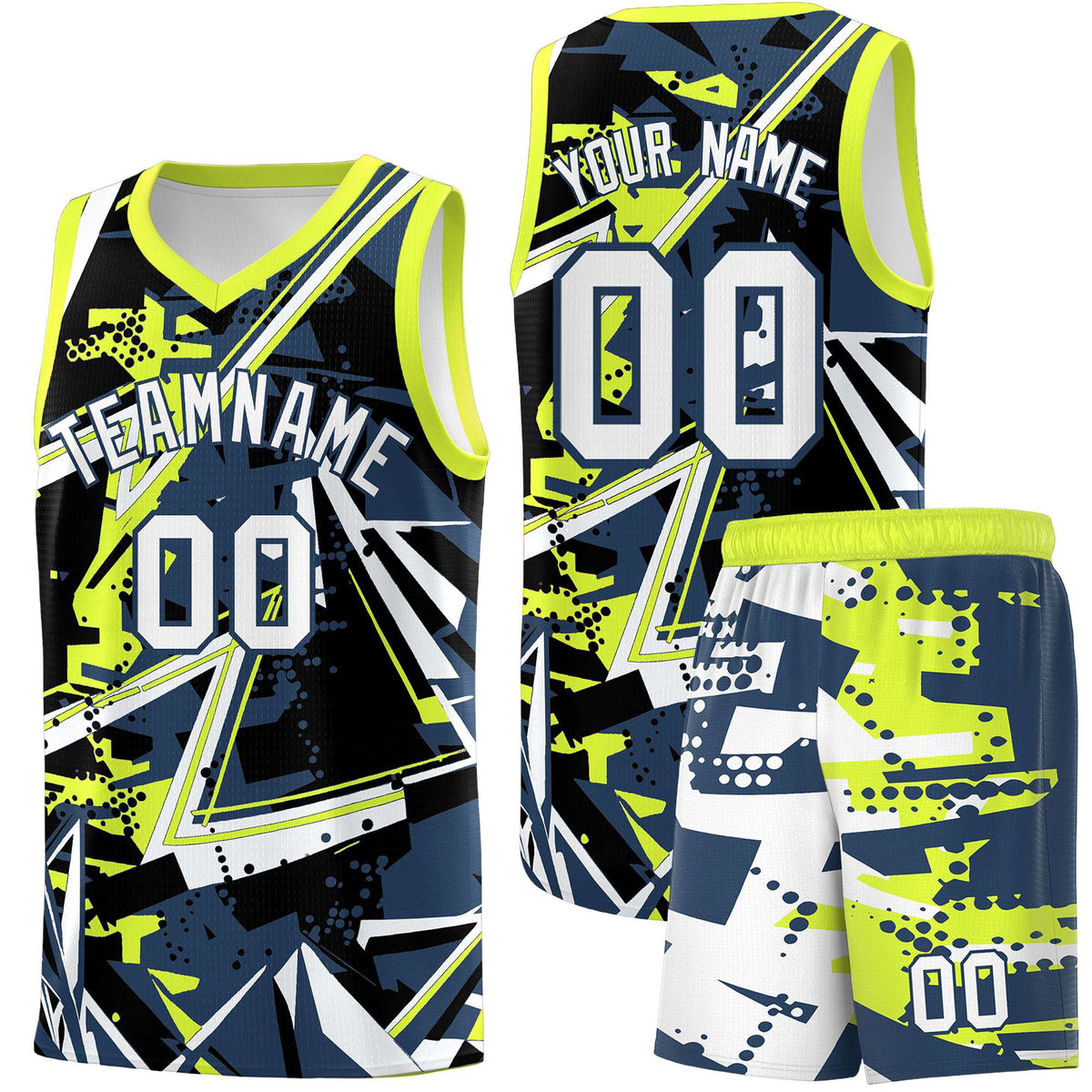 Custom Youth Basketball Jerseys Midnight Blue Fluorescent Green Abstract Graffiti Urban Style Personalized Uniform