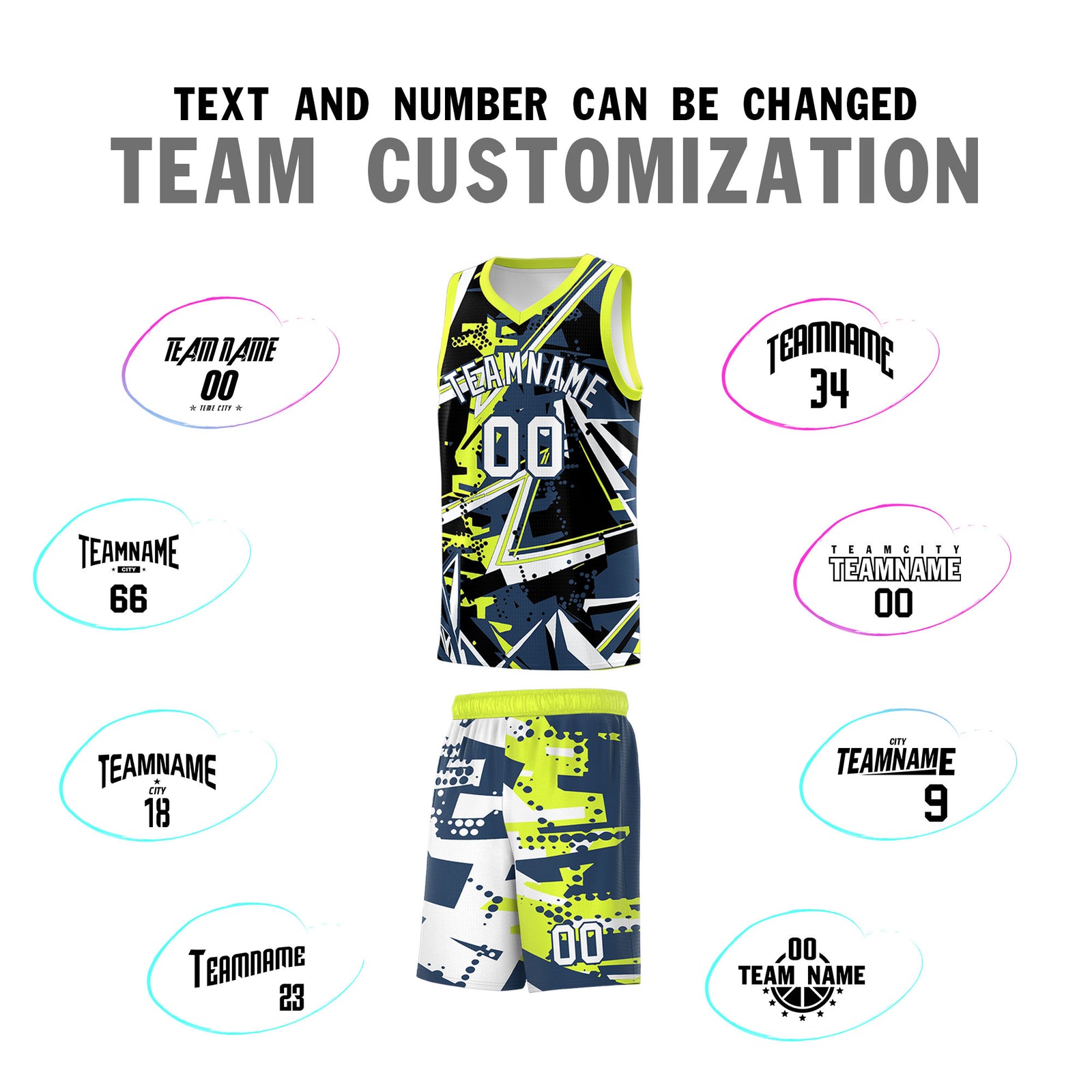 Custom Youth Basketball Jerseys Midnight Blue Fluorescent Green Abstract Graffiti Urban Style Personalized Uniform