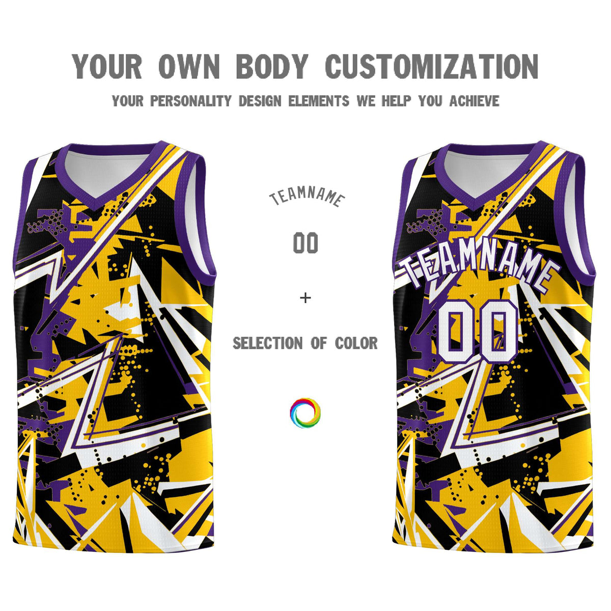 Custom Youth Basketball Jerseys Yellow Purple Abstract Graffiti Personalized Team Name & Number