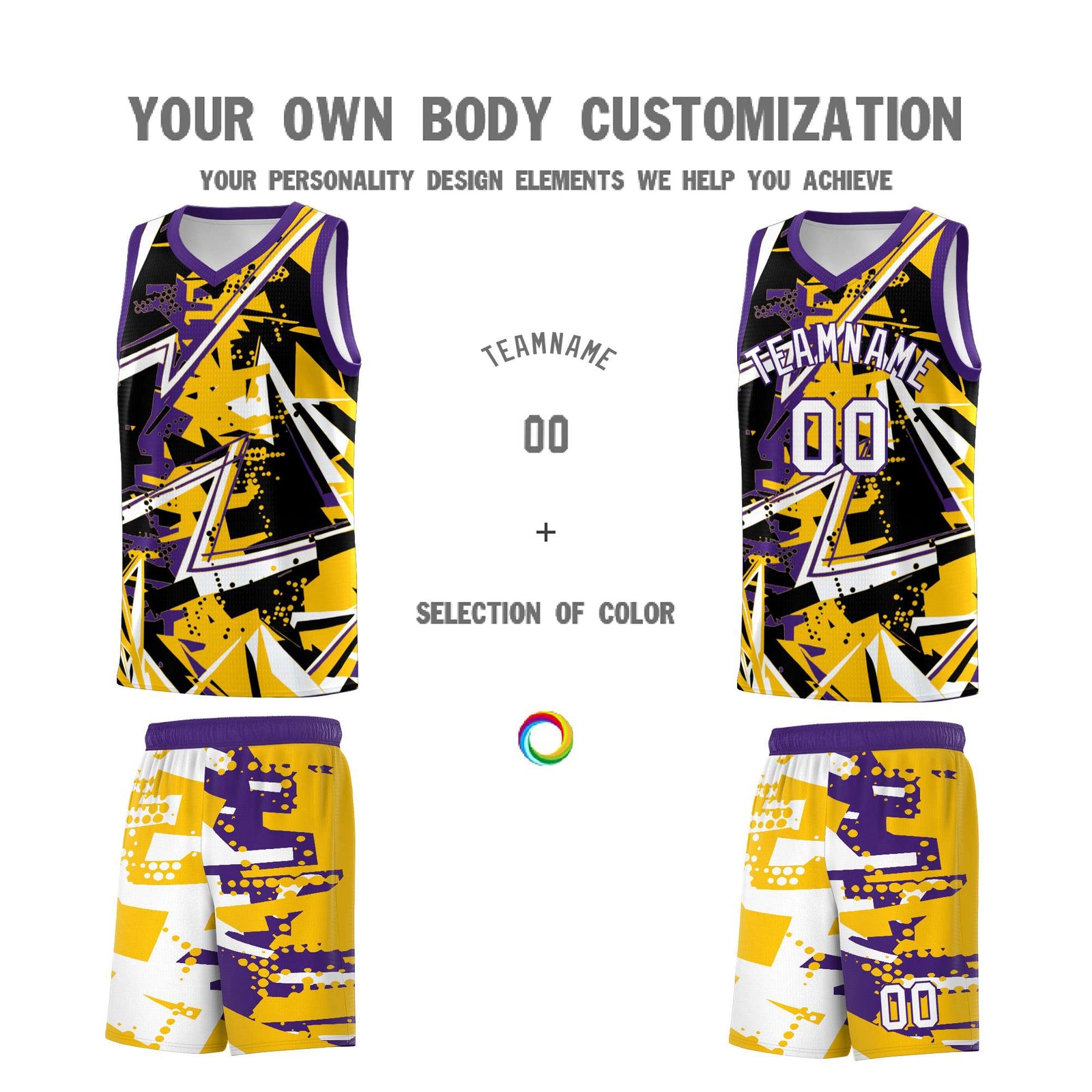 Custom Youth Basketball Jerseys Yellow Purple Abstract Graffiti Personalized Team Name & Number