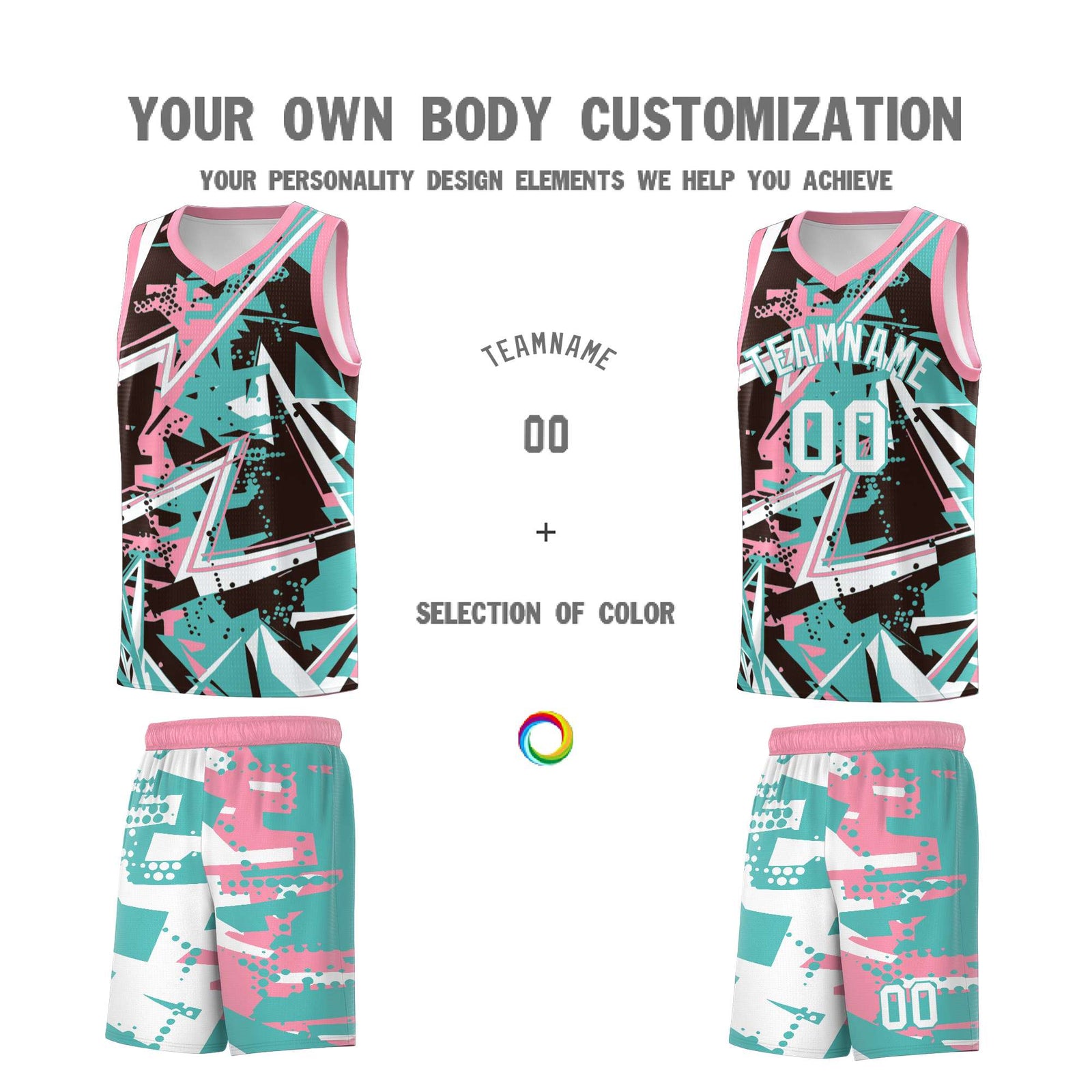 Custom Youth Basketball Jerseys Teal Pink Abstract Graffiti Urban Style Personalized Uniform