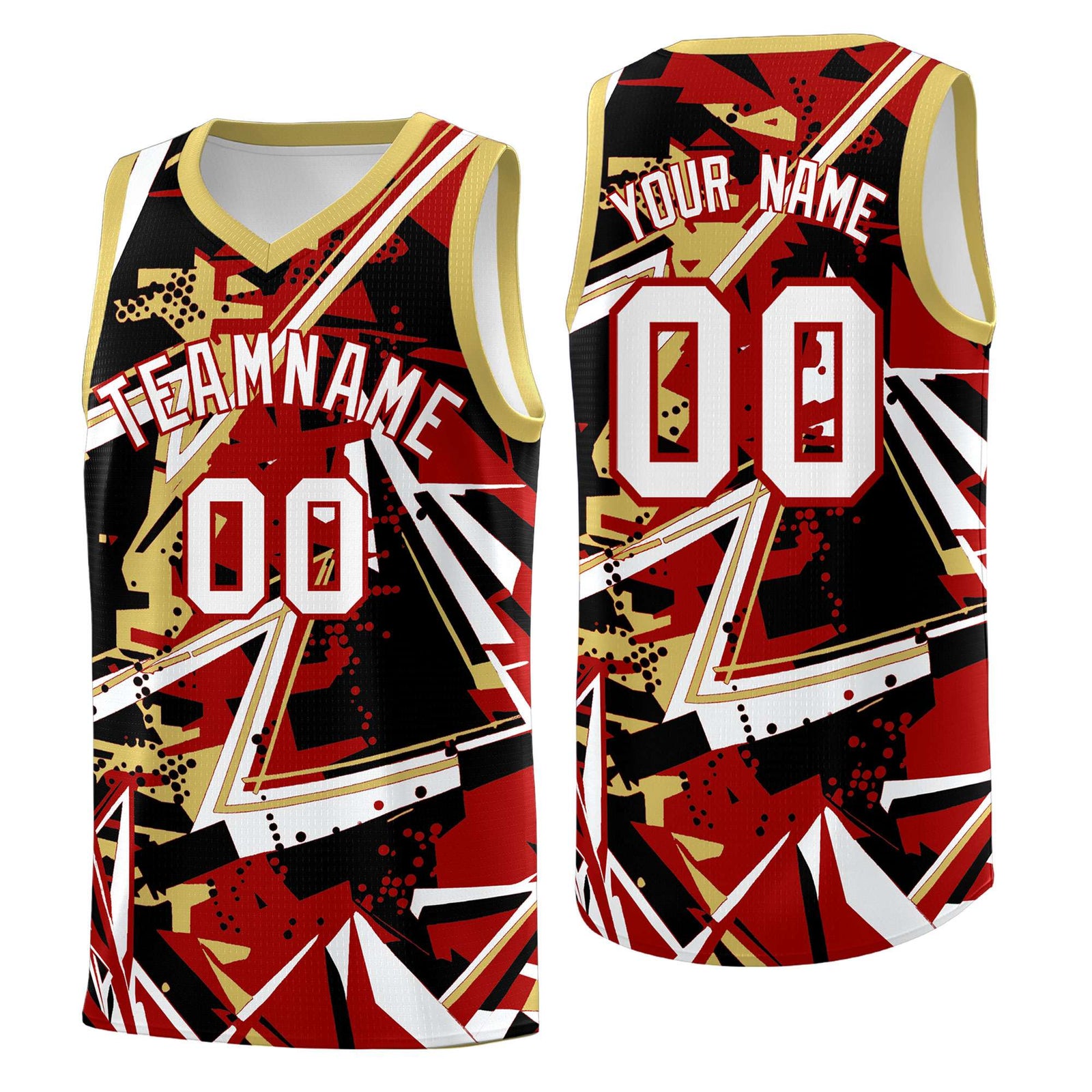 Custom Youth Basketball Jerseys Red Old Gold Abstract Graffiti Personalized Team Name & Number