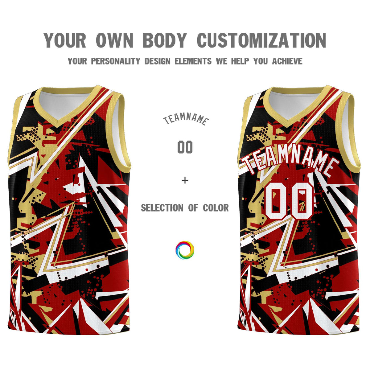 Custom Youth Basketball Jerseys Red Old Gold Abstract Graffiti Personalized Team Name & Number