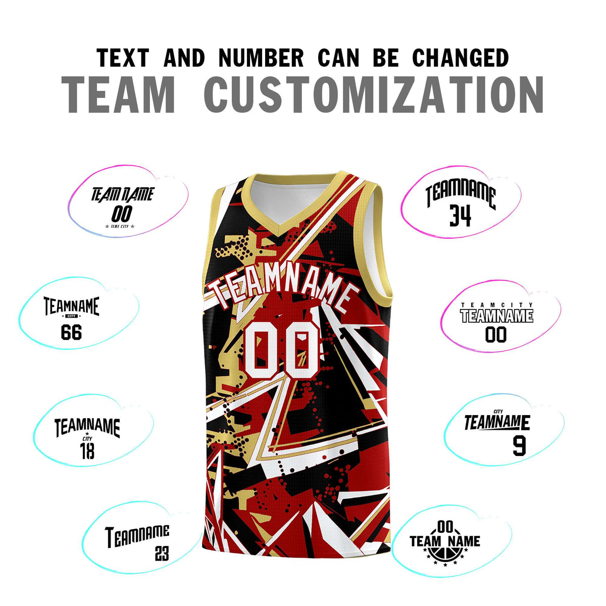 Custom Youth Basketball Jerseys Red Old Gold Abstract Graffiti Personalized Team Name & Number