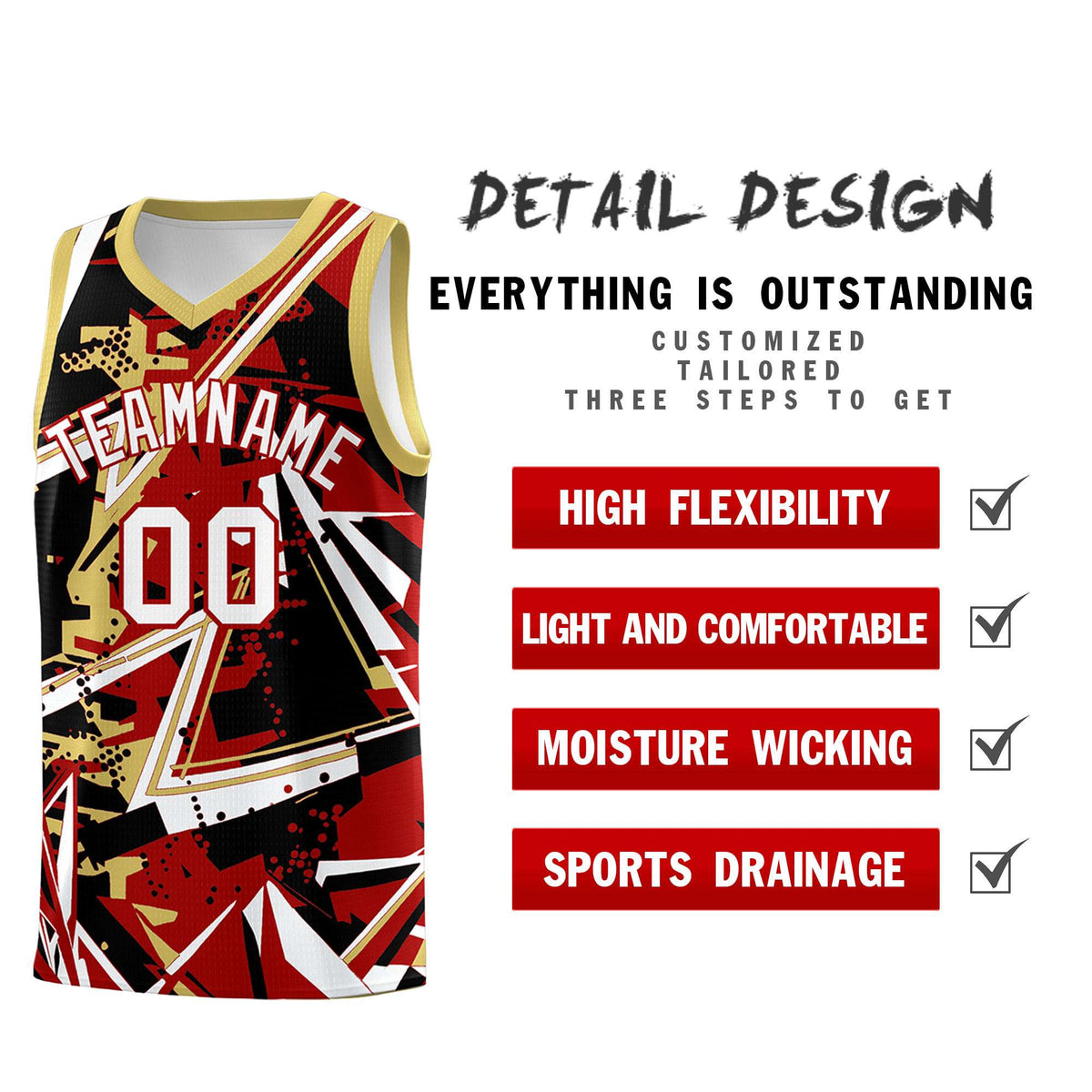 Custom Youth Basketball Jerseys Red Old Gold Abstract Graffiti Personalized Team Name & Number