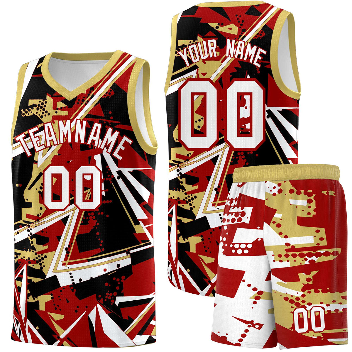 Custom Youth Basketball Jerseys Red Old Gold Abstract Graffiti Personalized Team Name & Number