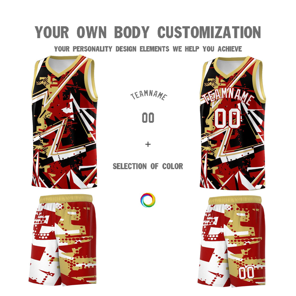 Custom Youth Basketball Jerseys Red Old Gold Abstract Graffiti Personalized Team Name & Number