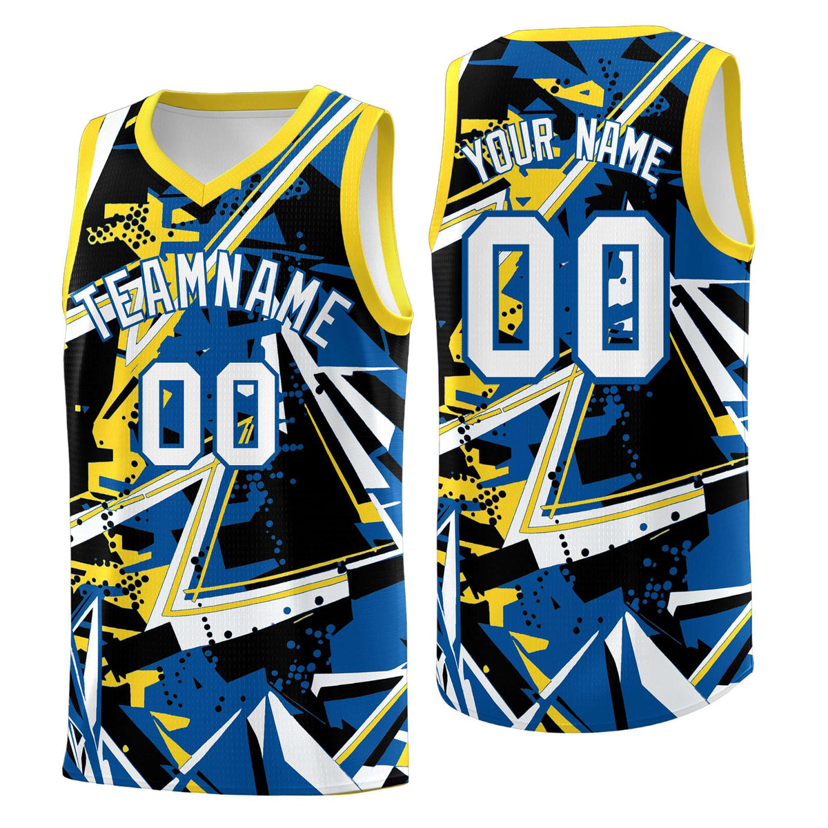 Custom Youth Basketball Jerseys Royal Gold Abstract Graffiti Personalized Team Name & Number