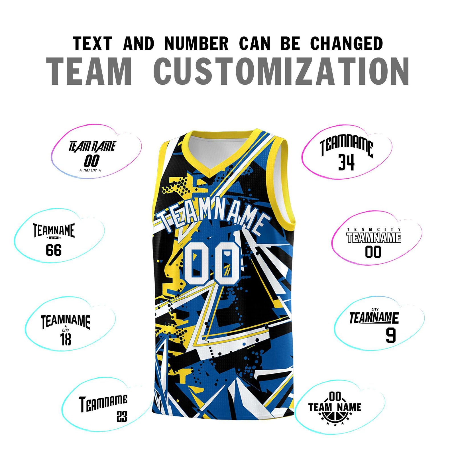 Custom Youth Basketball Jerseys Royal Gold Abstract Graffiti Personalized Team Name & Number