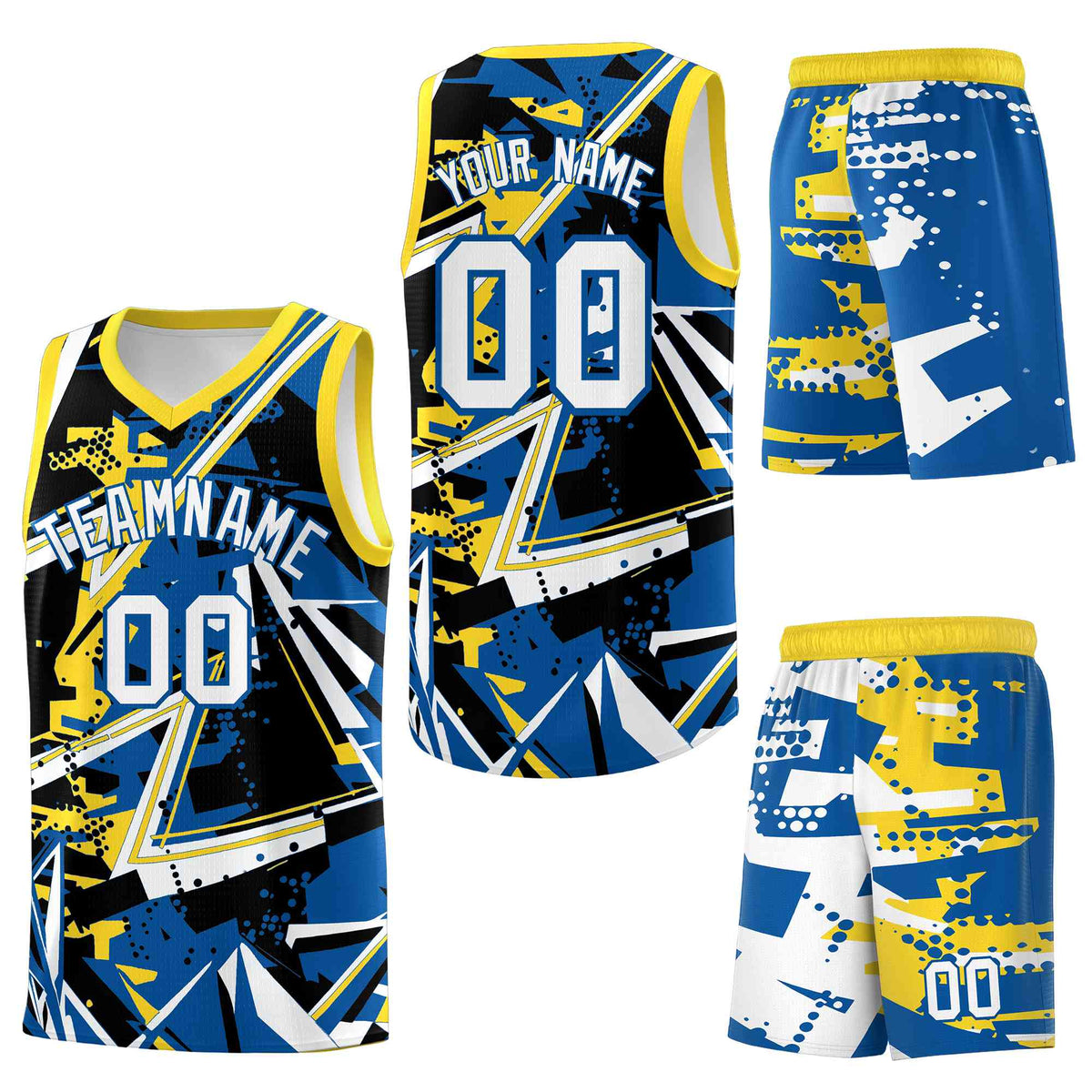 Custom Youth Basketball Jerseys Royal Gold Abstract Graffiti Personalized Team Name & Number
