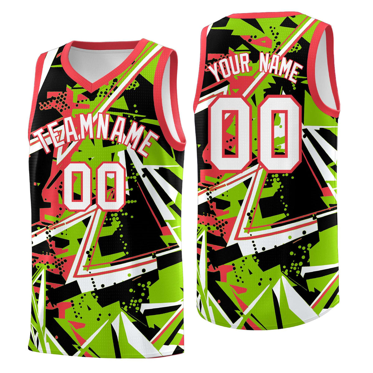 Custom Youth Basketball Jerseys Neon Green Light Red Abstract Graffiti Personalized Street Style Uniform