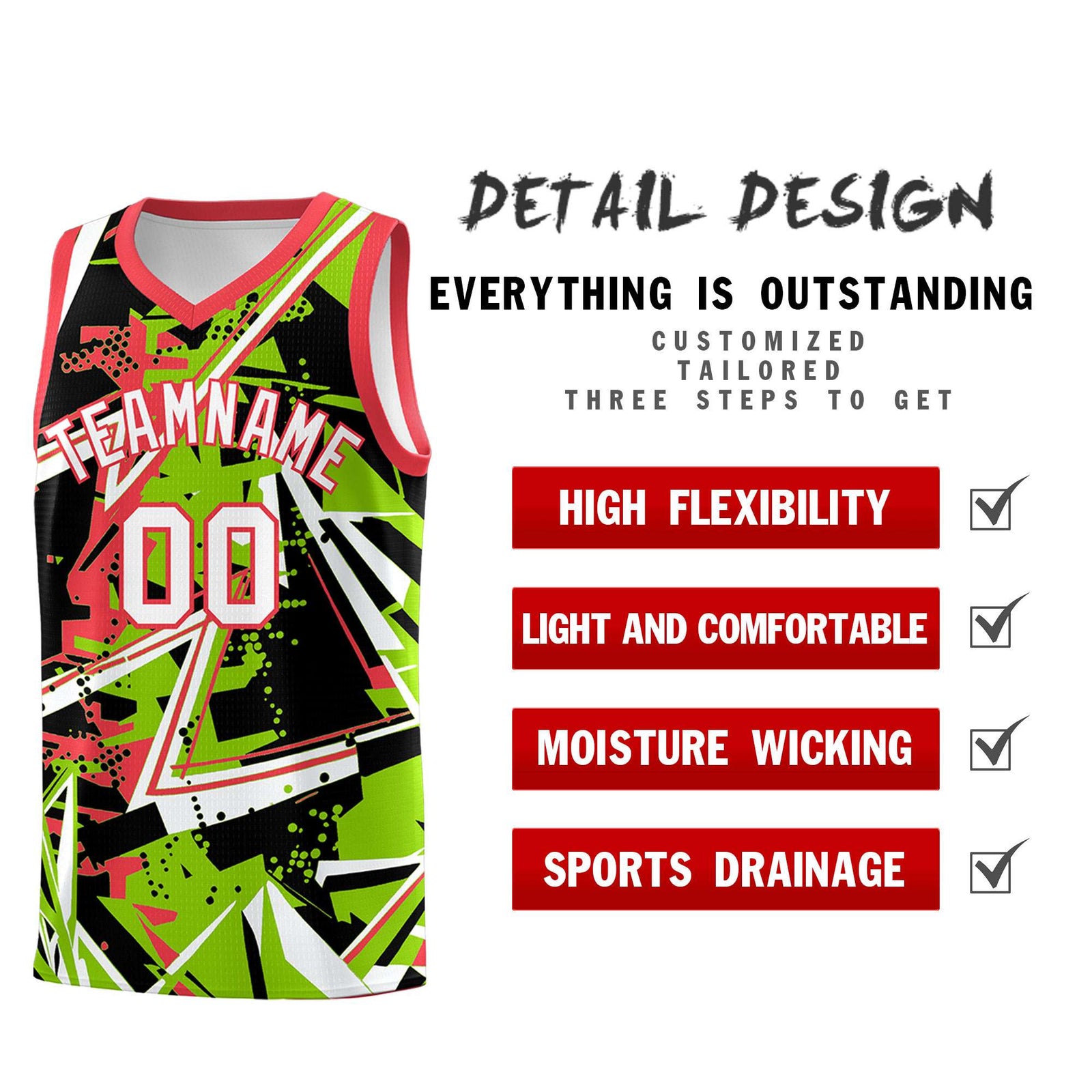 Custom Youth Basketball Jerseys Neon Green Light Red Abstract Graffiti Personalized Street Style Uniform