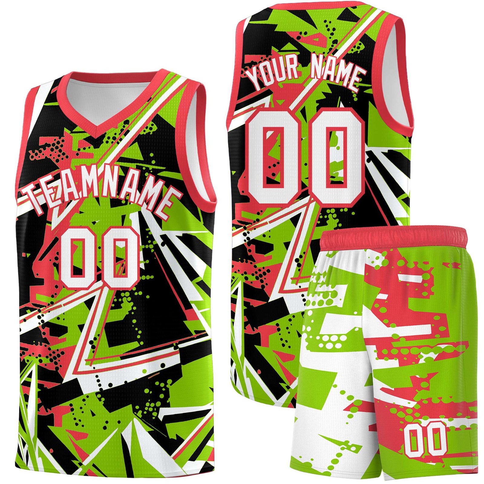 Custom Youth Basketball Jerseys Neon Green Light Red Abstract Graffiti Personalized Street Style Uniform