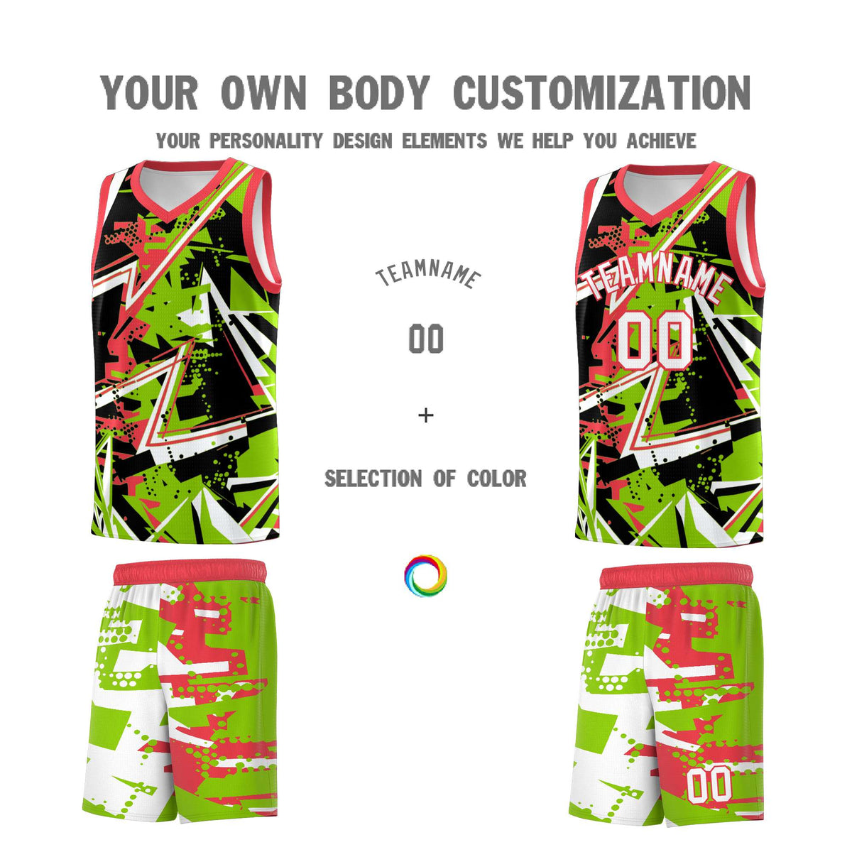 Custom Youth Basketball Jerseys Neon Green Light Red Abstract Graffiti Personalized Street Style Uniform
