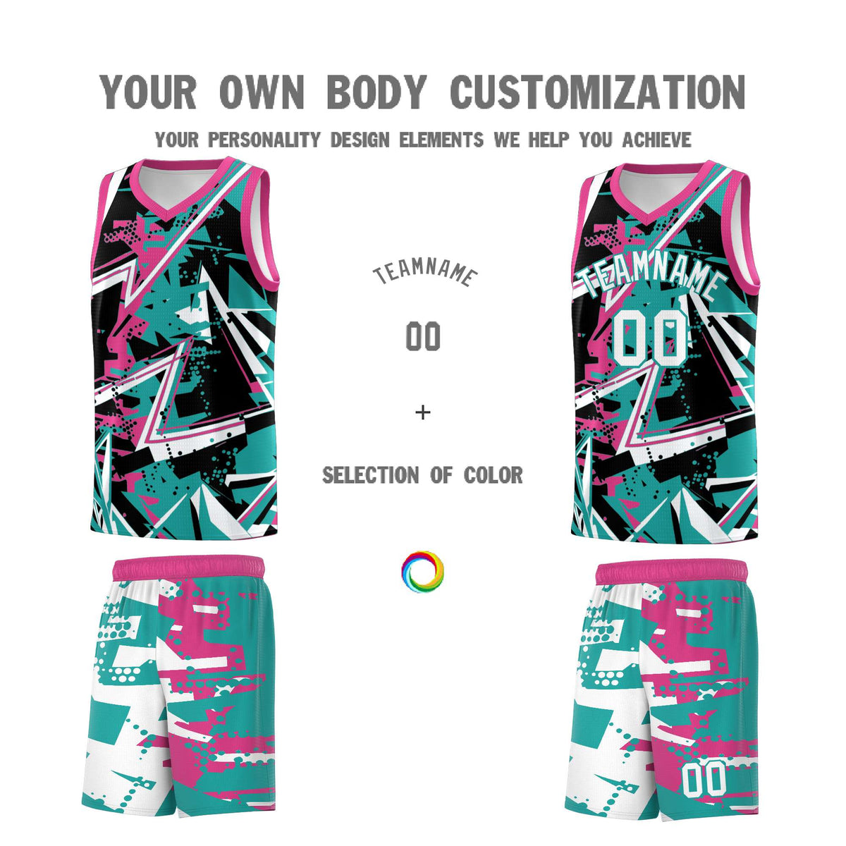 Custom Youth Basketball Jerseys Aqua Rose Red Abstract Graffiti Urban Style Personalized Uniform