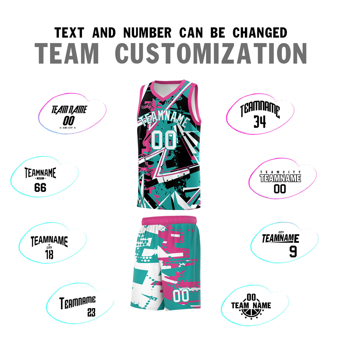 Custom Youth Basketball Jerseys Aqua Rose Red Abstract Graffiti Urban Style Personalized Uniform