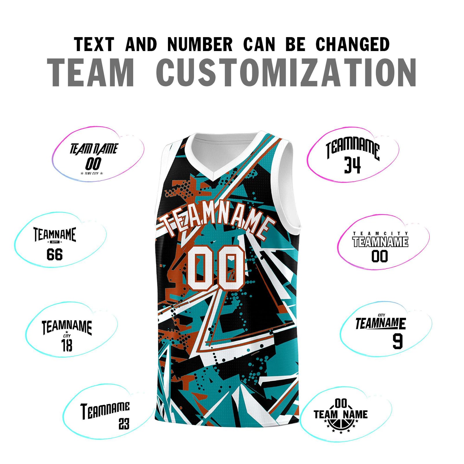 Custom Youth Basketball Jerseys Teal Dark Orange Abstract Graffiti Personalized Street Style Uniform