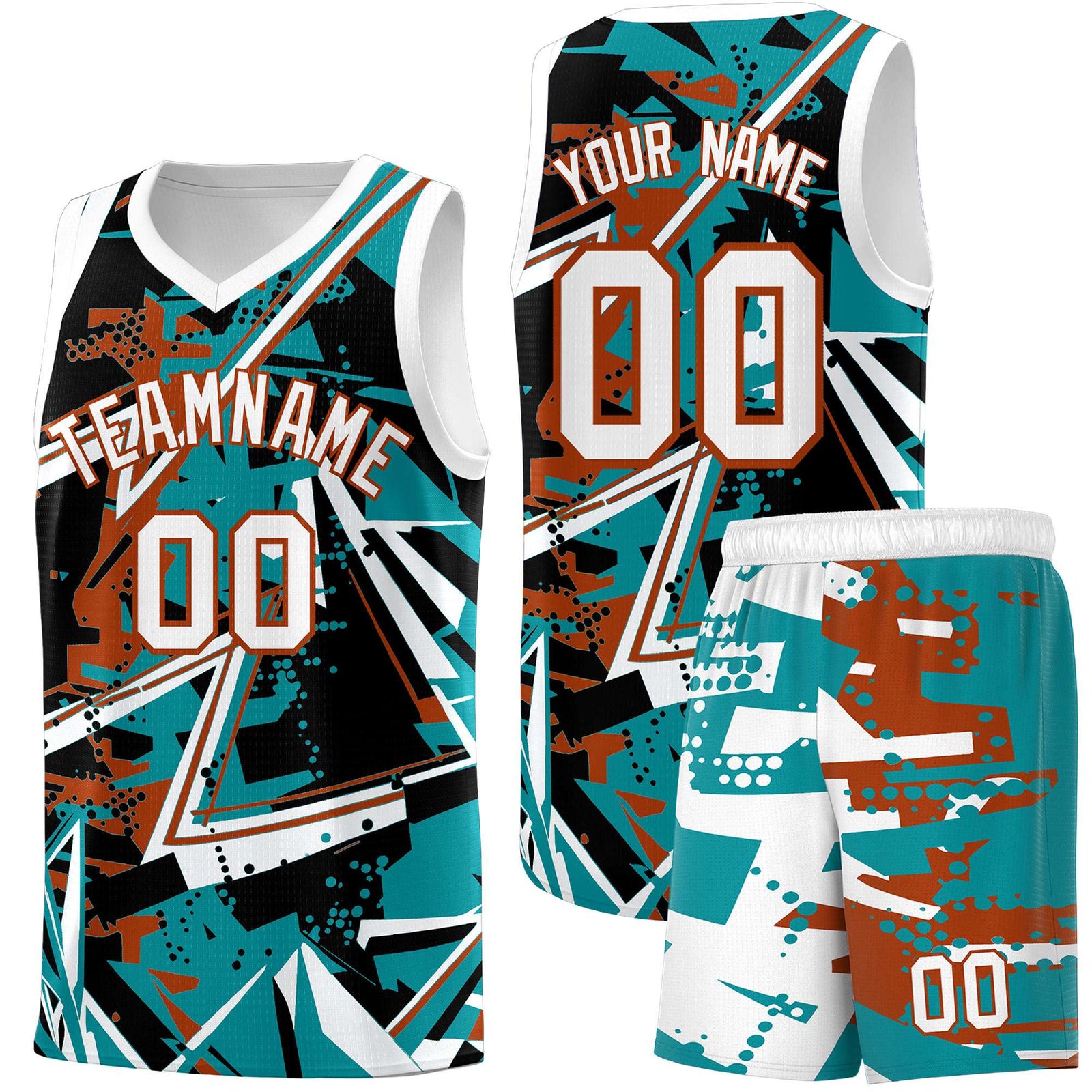 Custom Youth Basketball Jerseys Teal Dark Orange Abstract Graffiti Personalized Street Style Uniform