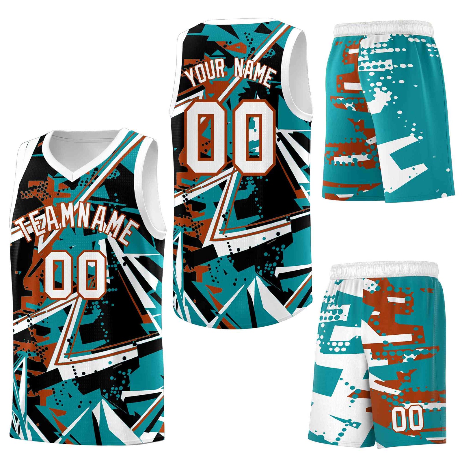 Custom Youth Basketball Jerseys Teal Dark Orange Abstract Graffiti Personalized Street Style Uniform