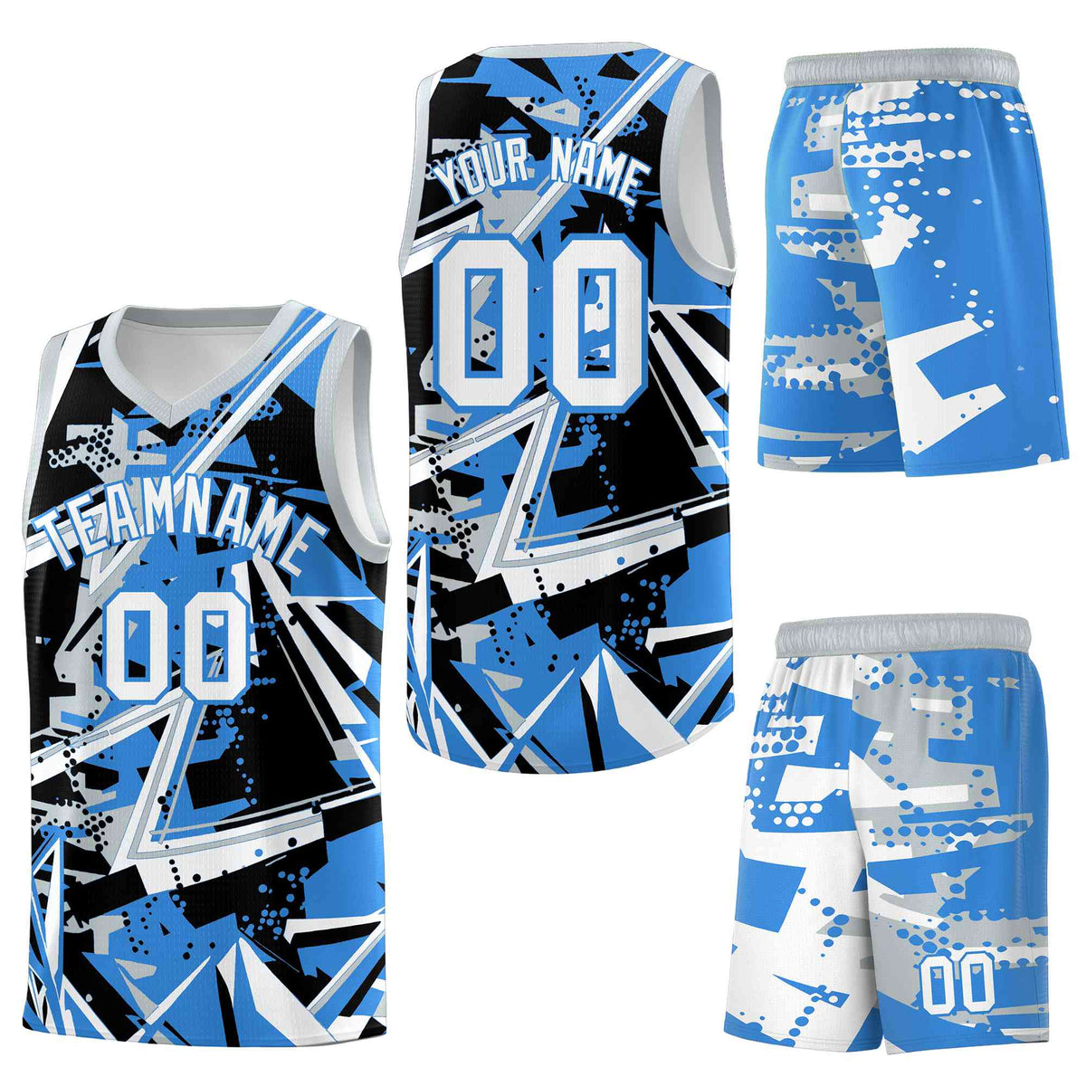 Custom Youth Basketball Jerseys Light Blue Silver Abstract Graffiti Personalized Team Name &amp; Number