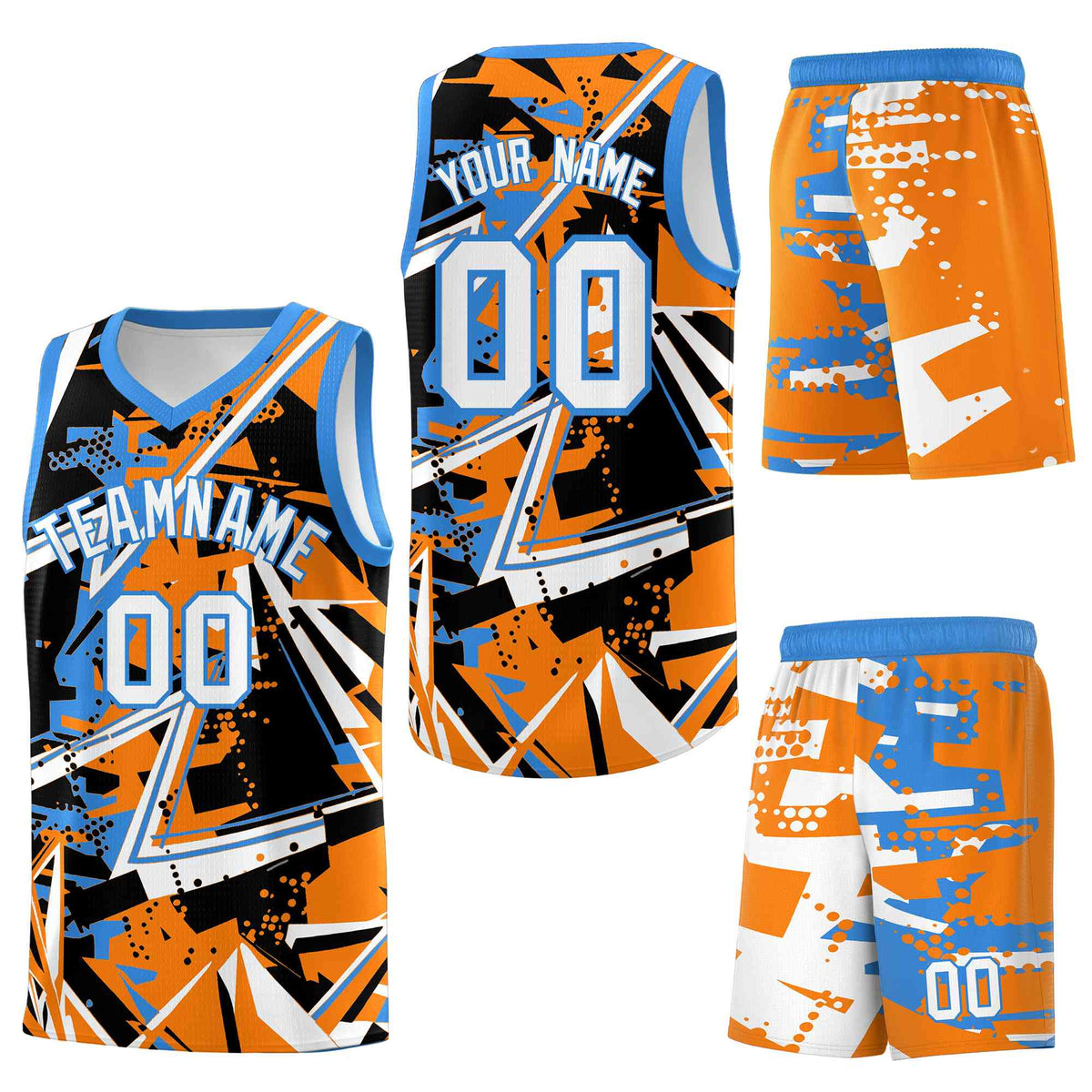 Custom Youth Basketball Jerseys Orange Light Blue Abstract Graffiti Personalized Street Style Uniform