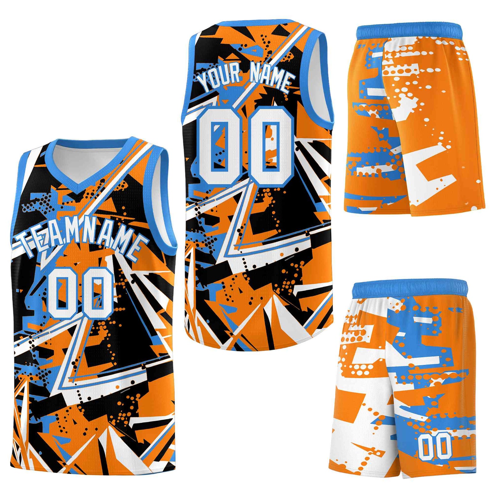 Custom Youth Basketball Jerseys Orange Light Blue Abstract Graffiti Personalized Street Style Uniform