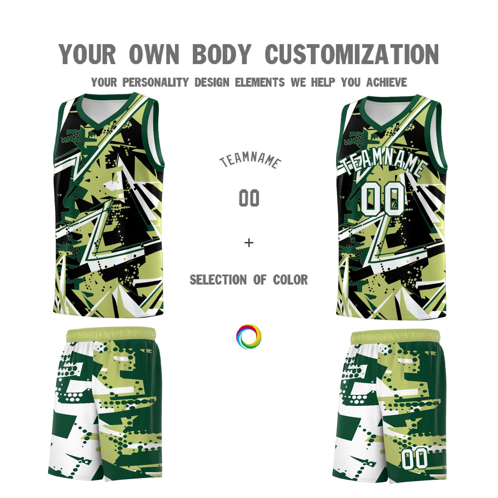 Custom Youth Basketball Jerseys Champagne Kelly Green Abstract Graffiti Urban Style Personalized Uniform
