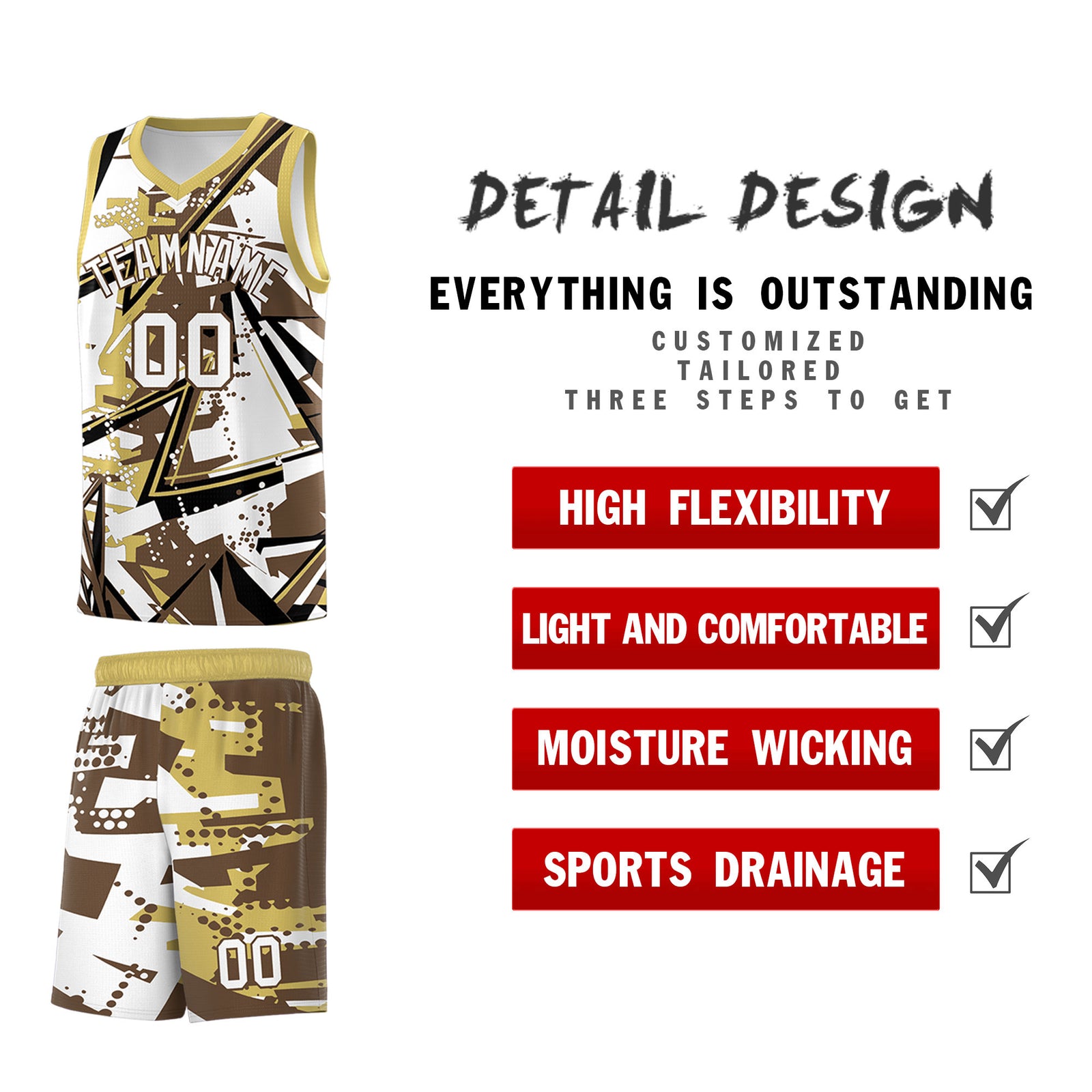 Custom Youth Basketball Jerseys Light Brown Old Gold Abstract Graffiti Personalized Team Name & Number