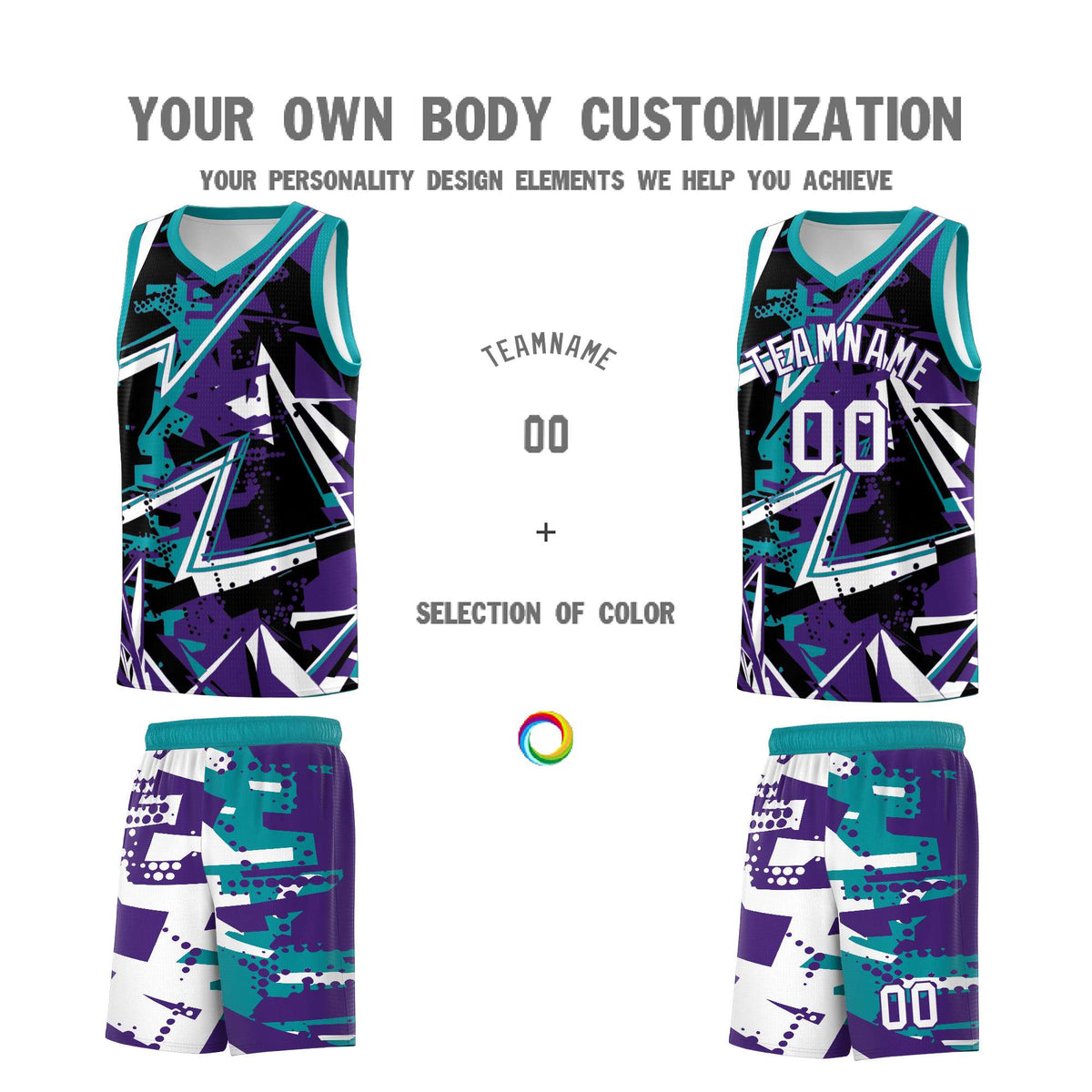 Custom Youth Basketball Jerseys Purple Teal Abstract Graffiti Urban Style Personalized Uniform
