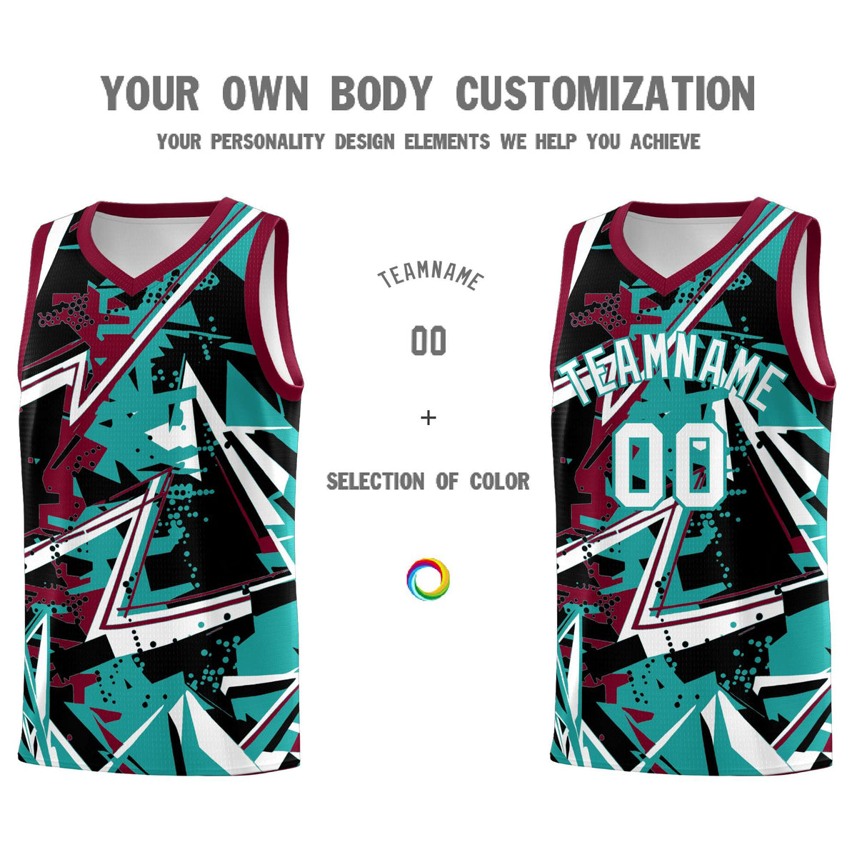 Custom Youth Basketball Jerseys Teal Crimson Abstract Graffiti Personalized Team Name & Number
