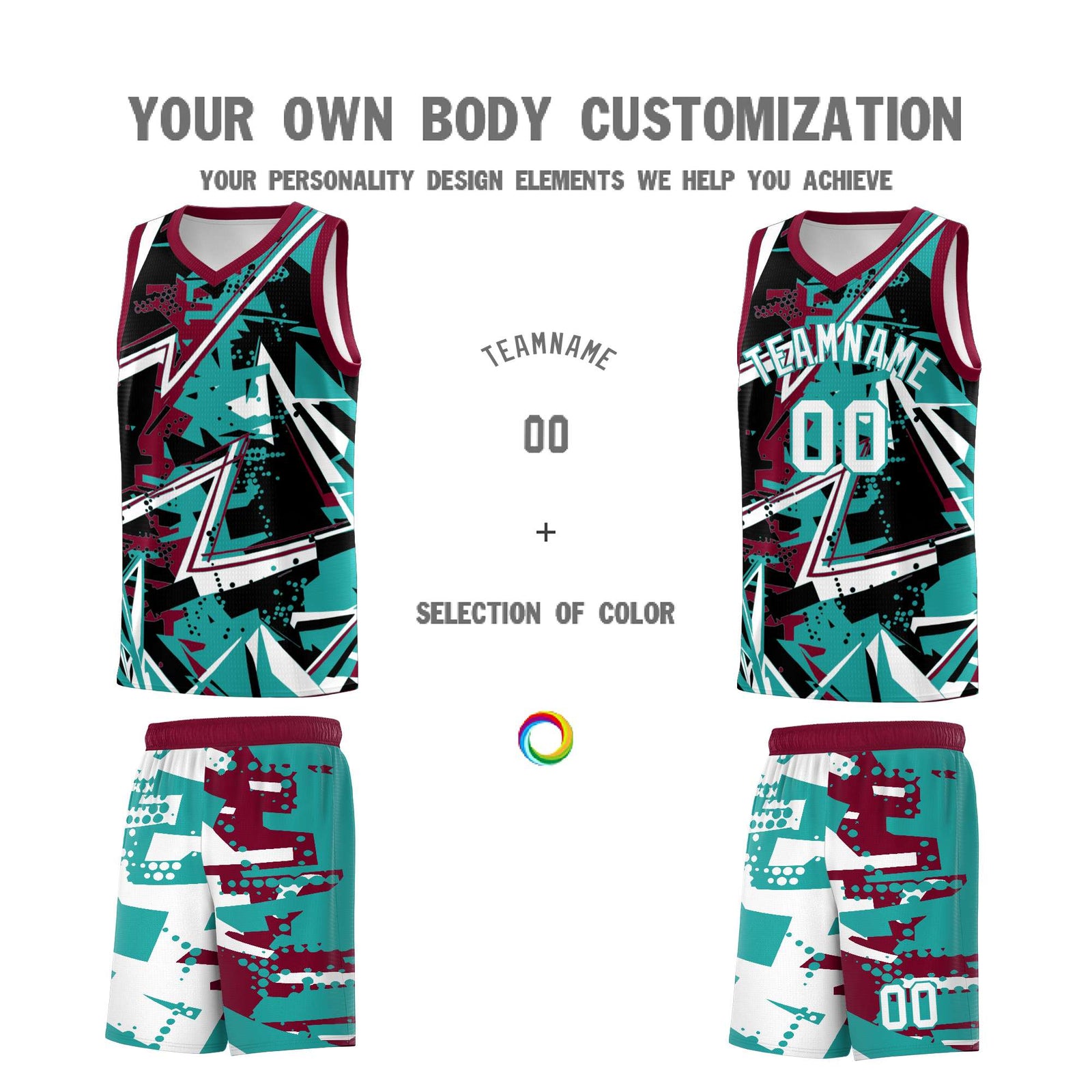 Custom Youth Basketball Jerseys Teal Crimson Abstract Graffiti Personalized Team Name & Number
