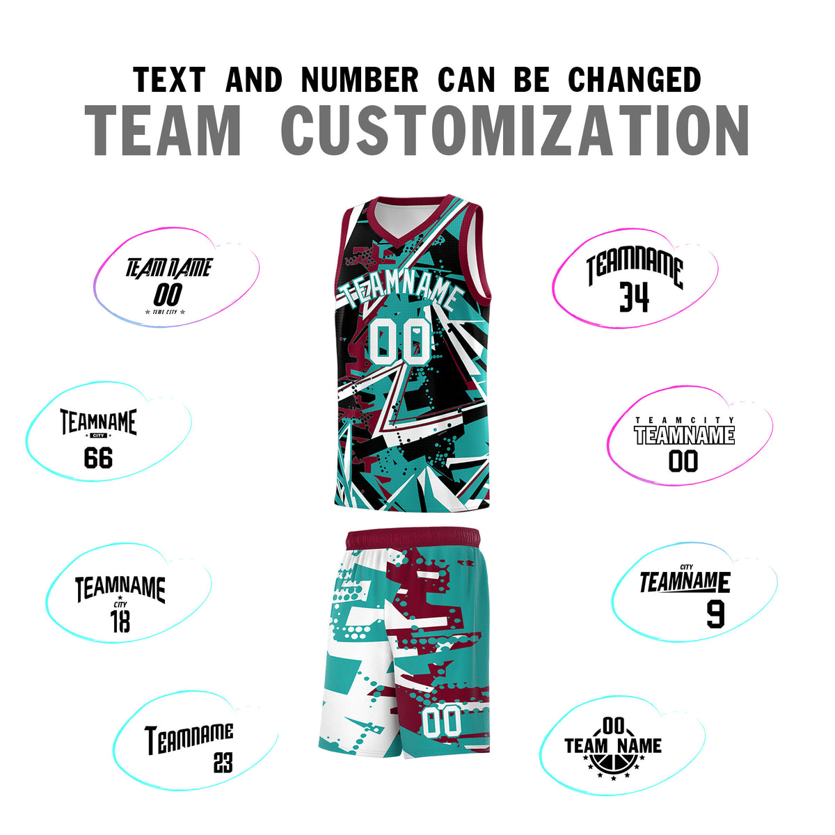 Custom Youth Basketball Jerseys Teal Crimson Abstract Graffiti Personalized Team Name & Number