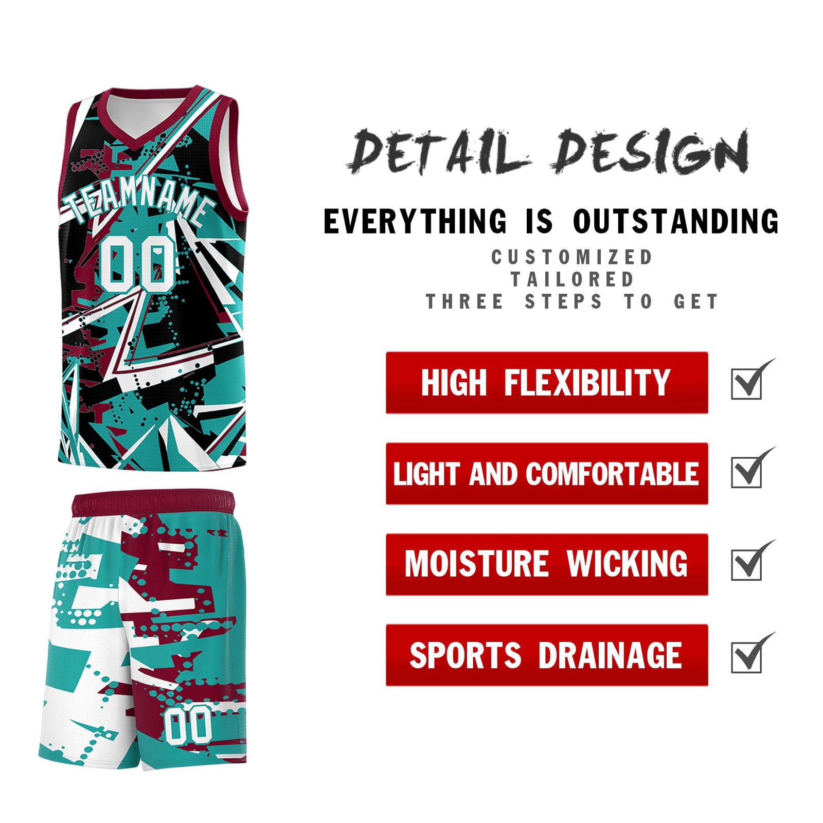 Custom Youth Basketball Jerseys Teal Crimson Abstract Graffiti Personalized Team Name & Number