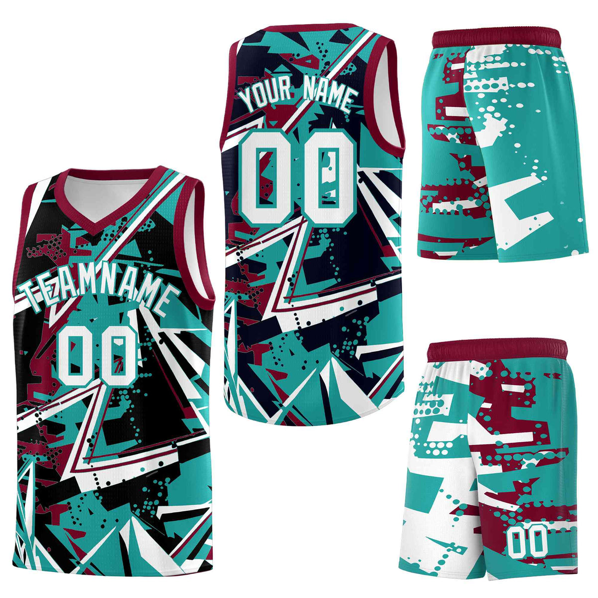 Custom Youth Basketball Jerseys Teal Crimson Abstract Graffiti Personalized Team Name & Number
