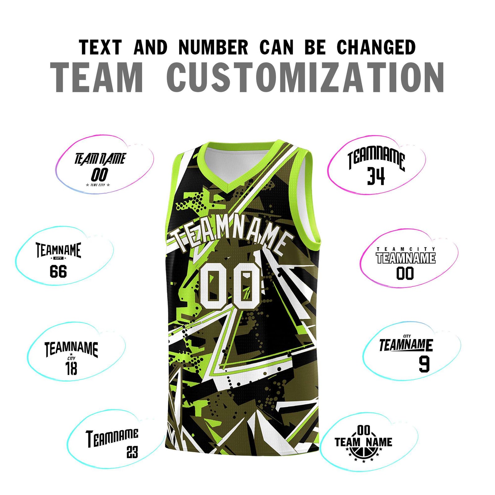 Custom Youth Basketball Jerseys Olive Neon Green Abstract Graffiti Personalized Street Style Uniform