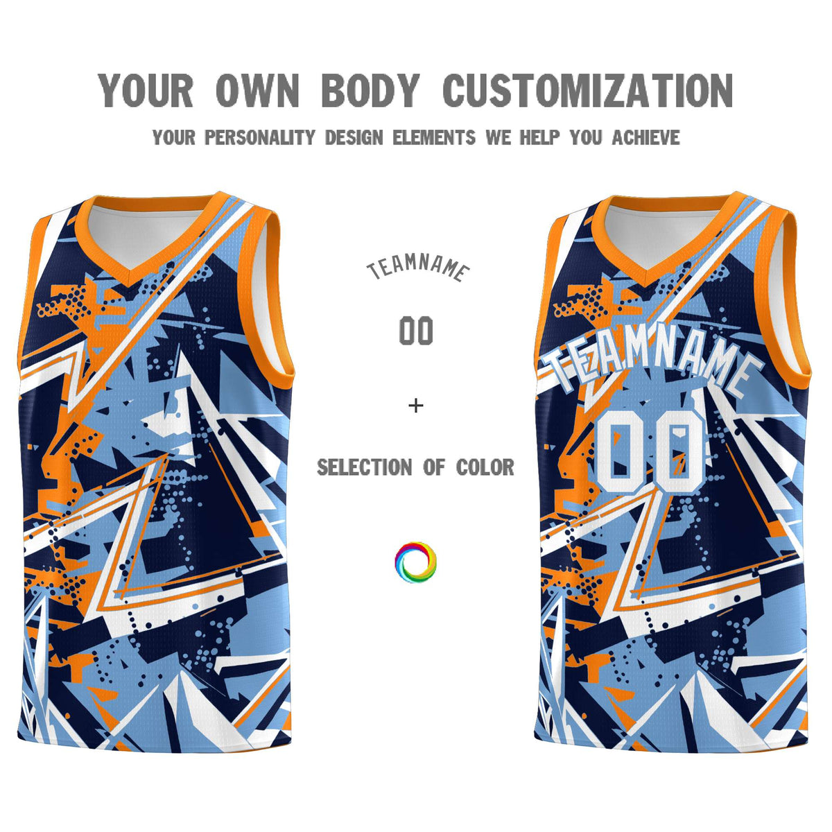 Custom Youth Basketball Jerseys Powder Blue Orange Abstract Graffiti Personalized Team Name & Number